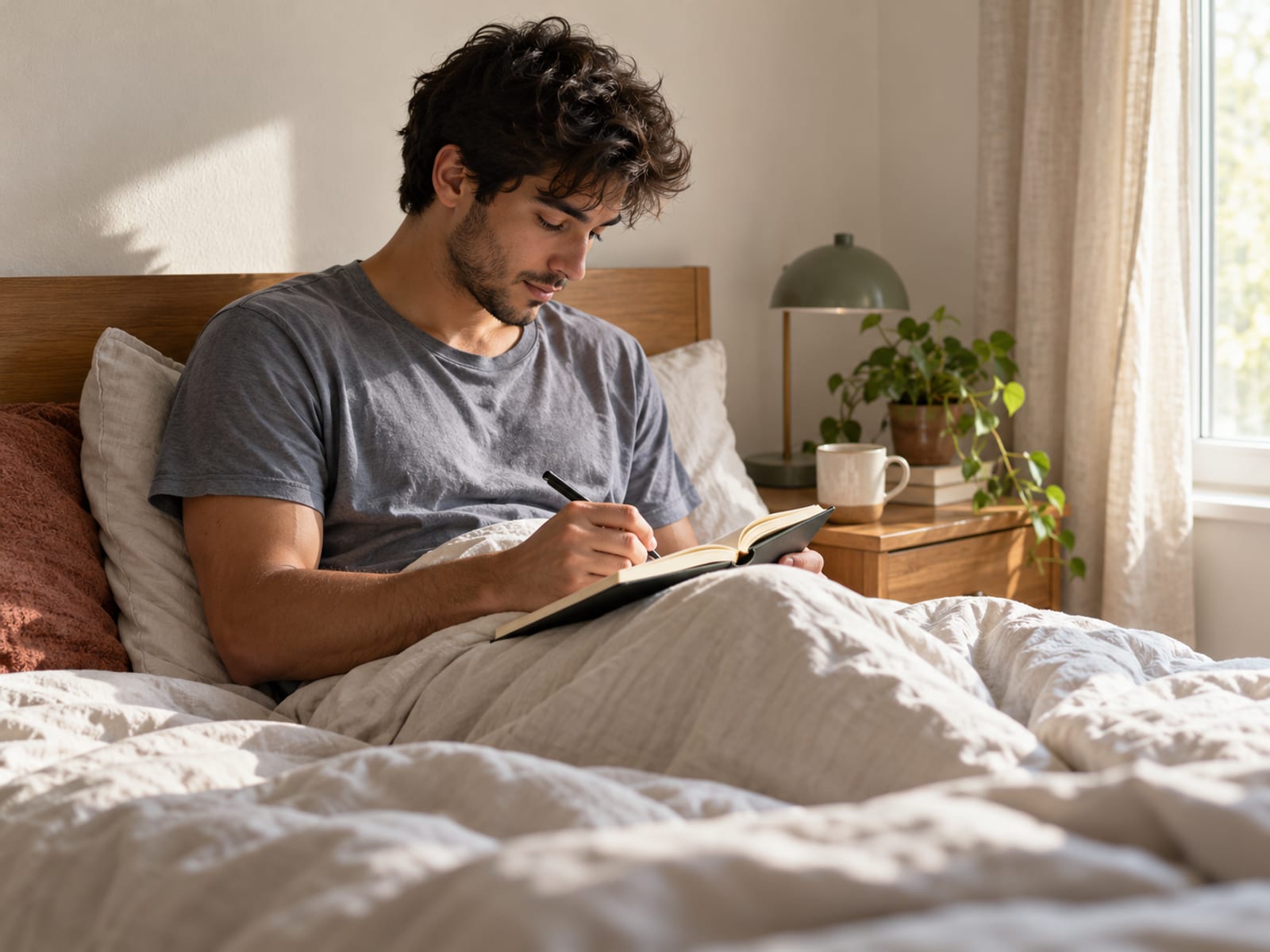 Un joven escribiendo en un diario en la cama con luz de mañana