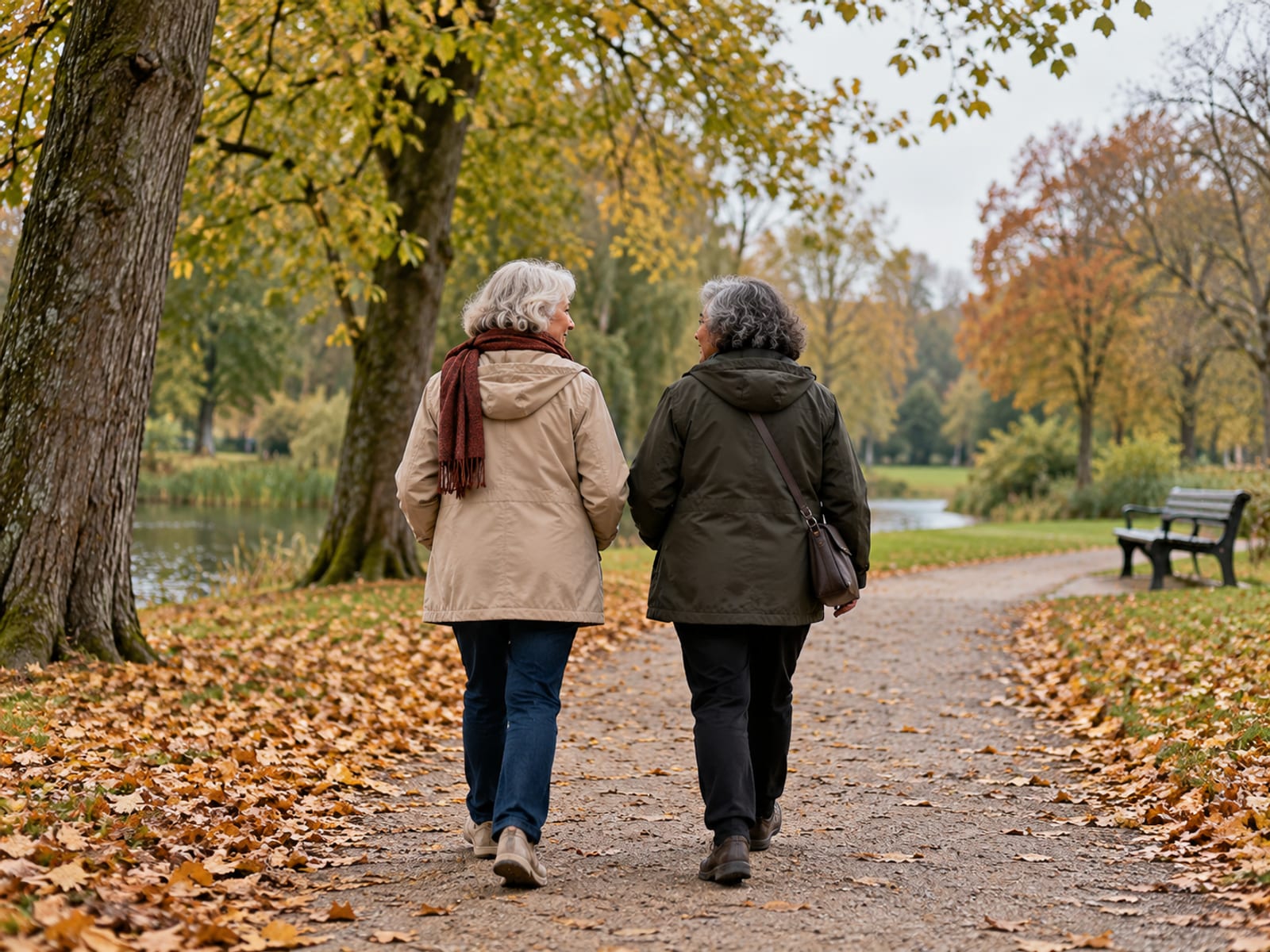 Dos amigos mayores conversando mientras caminan por un sendero del parque en otoño