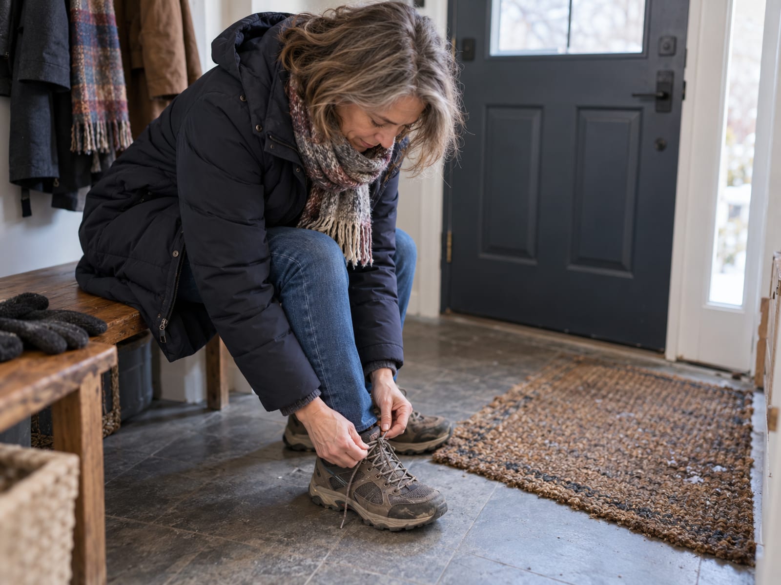 A woman putting on walking shoes by the door on a winter morning
