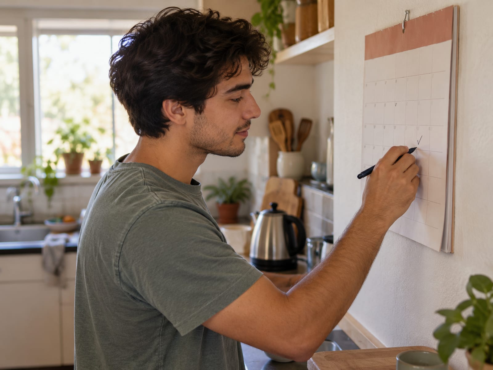A man marking a small check on a wall calendar