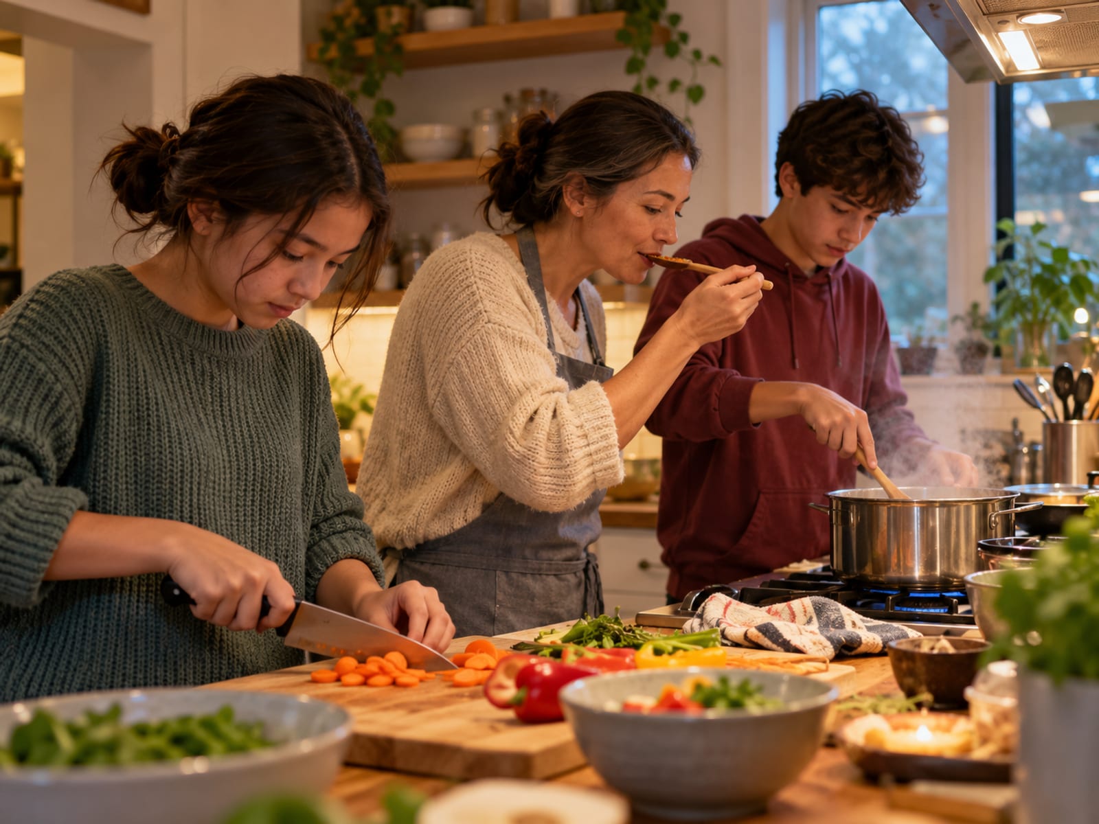 A family cooking a simple dinner together