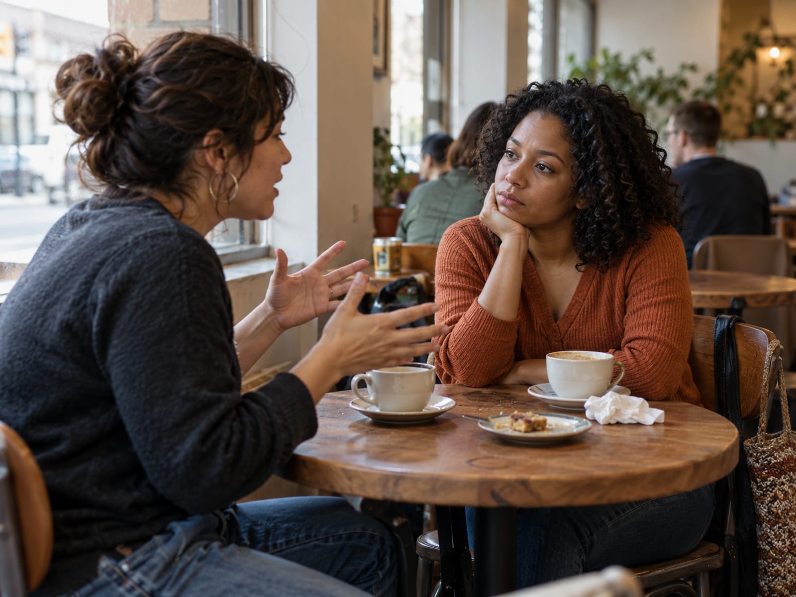 Dos amigas en un café, una habla mientras la otra escucha