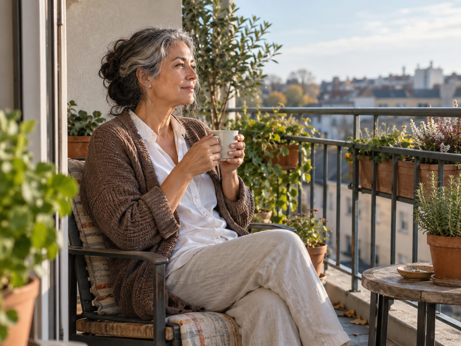 Una mujer disfrutando un café tranquila en su balcón