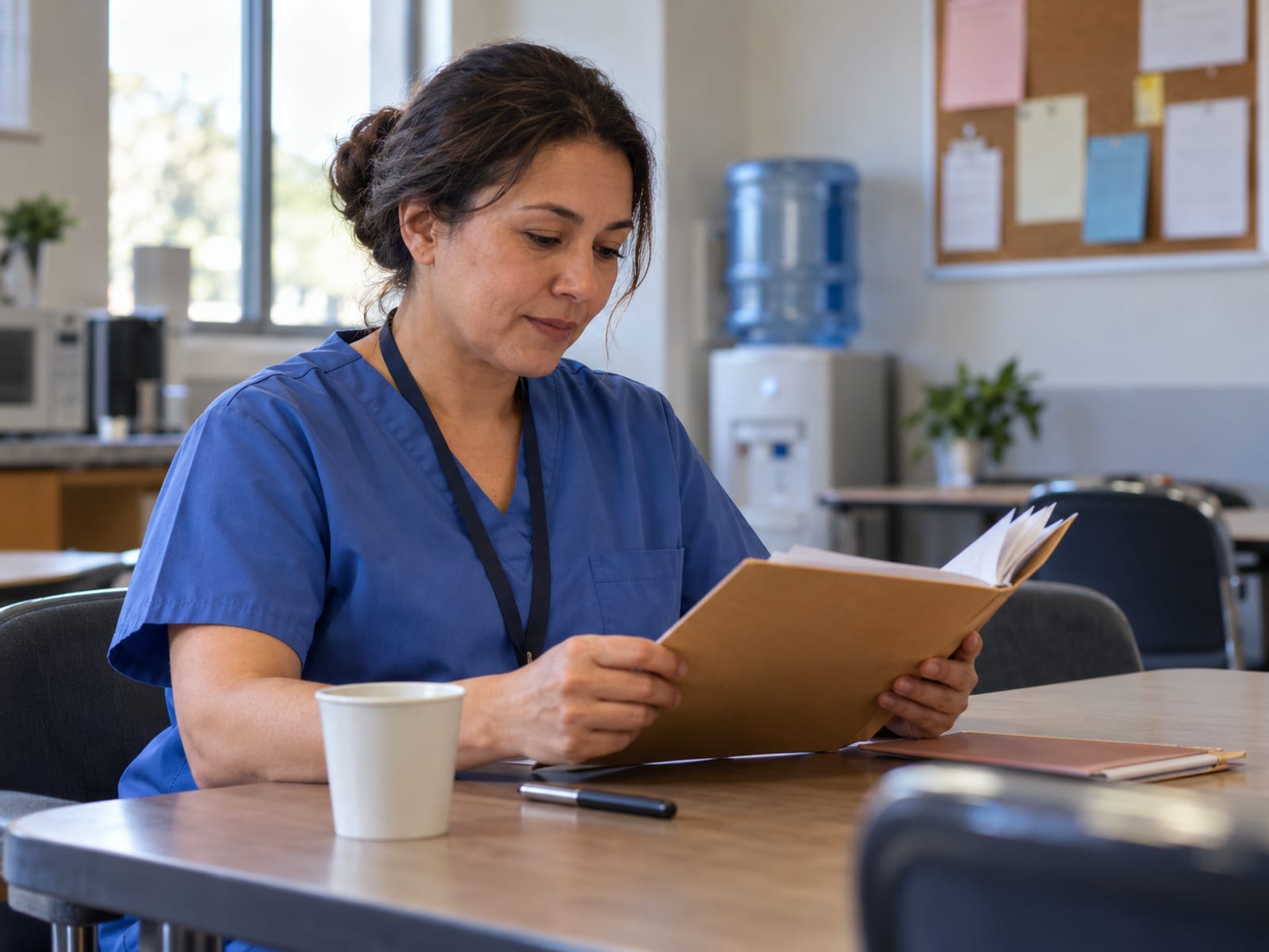 A nurse looking through her notes before a review meeting