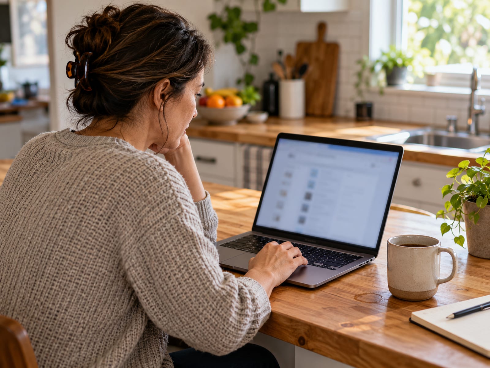 A woman at her kitchen counter looking back through old emails for examples