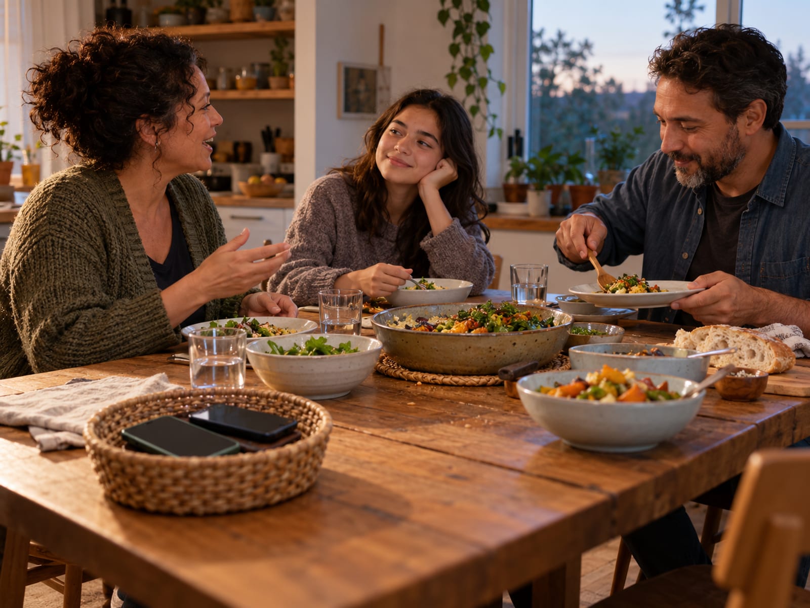 A family talking over dinner with their phones face down in a basket