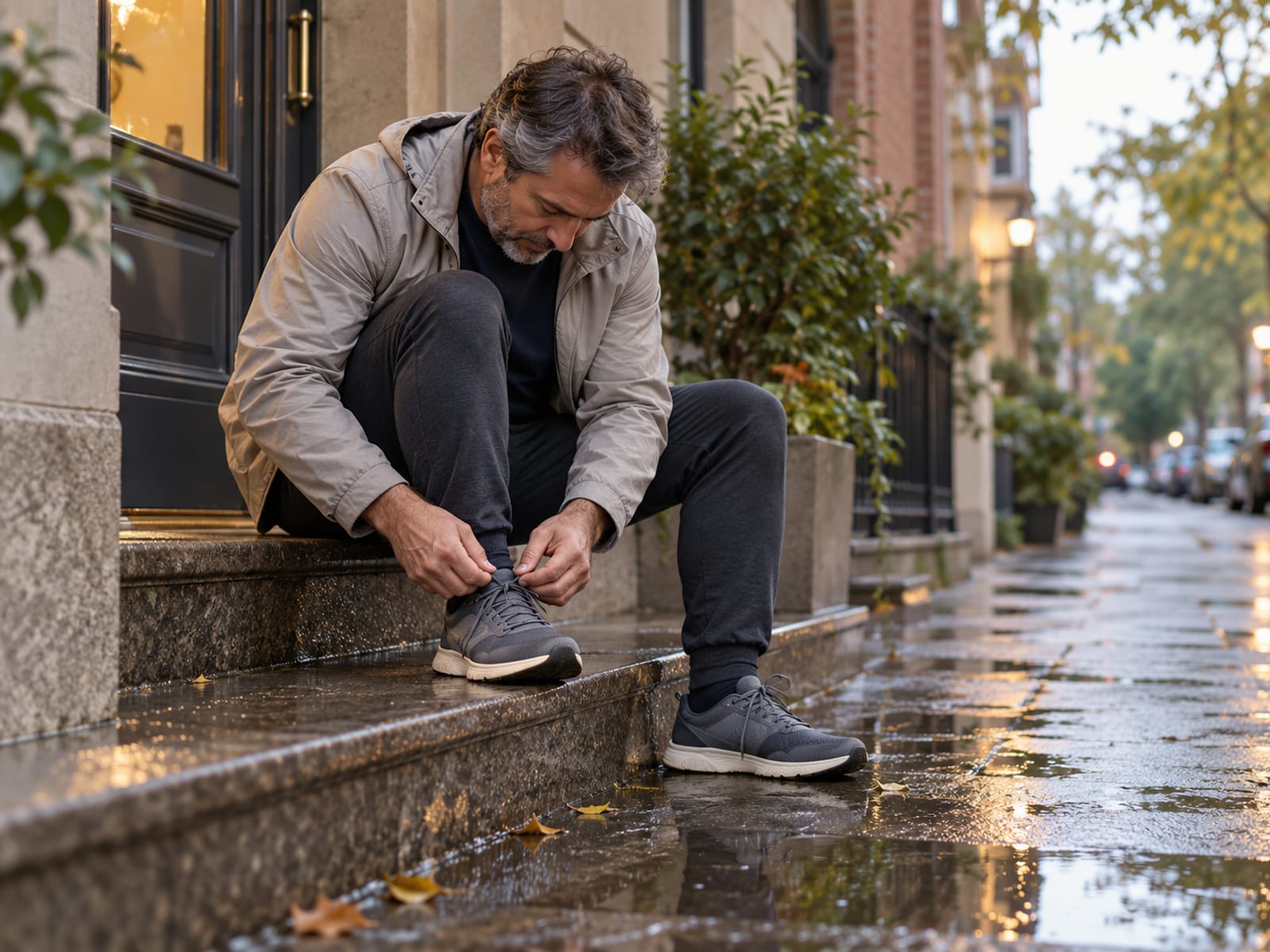 A man lacing his sneakers on a front step before an evening walk