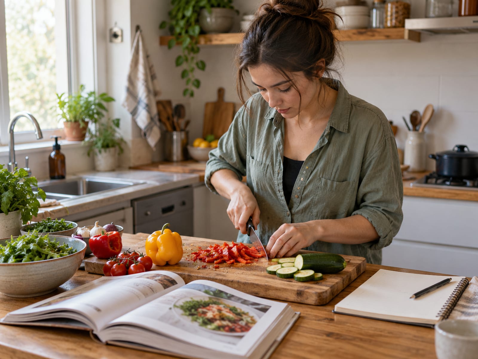 A young woman chopping vegetables with a cookbook open on the counter