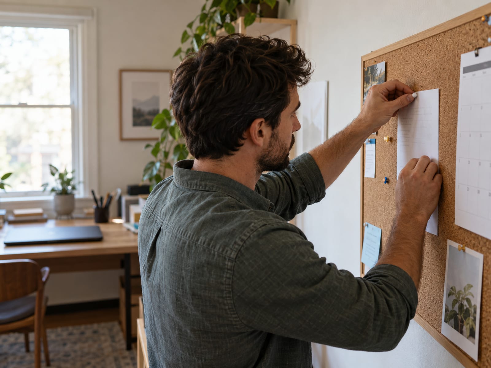 A man pinning a single sheet to a corkboard in a small home office