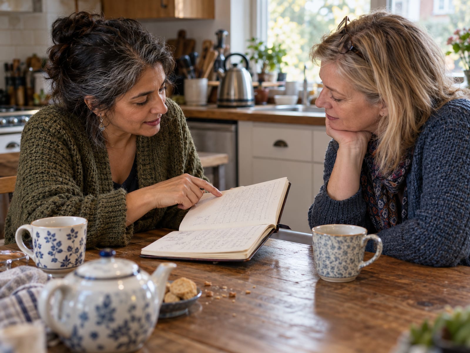 Two friends sharing tea while one shows the other a notebook page