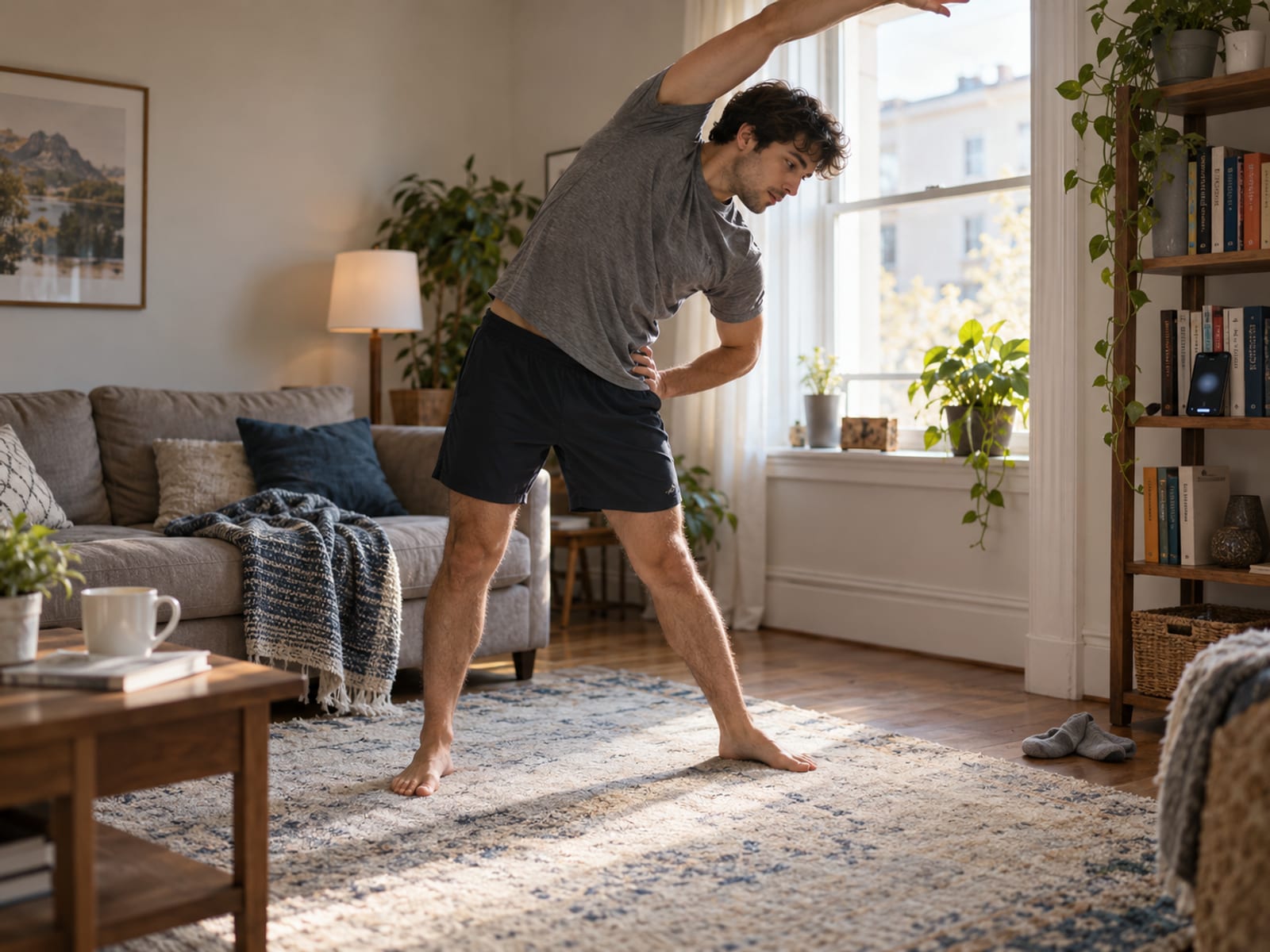 A young man stretching in his living room early in the morning