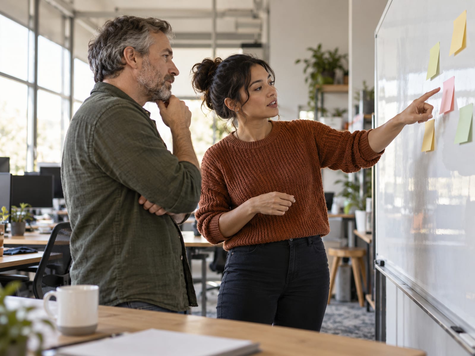 Two colleagues talking beside a whiteboard with blank sticky notes