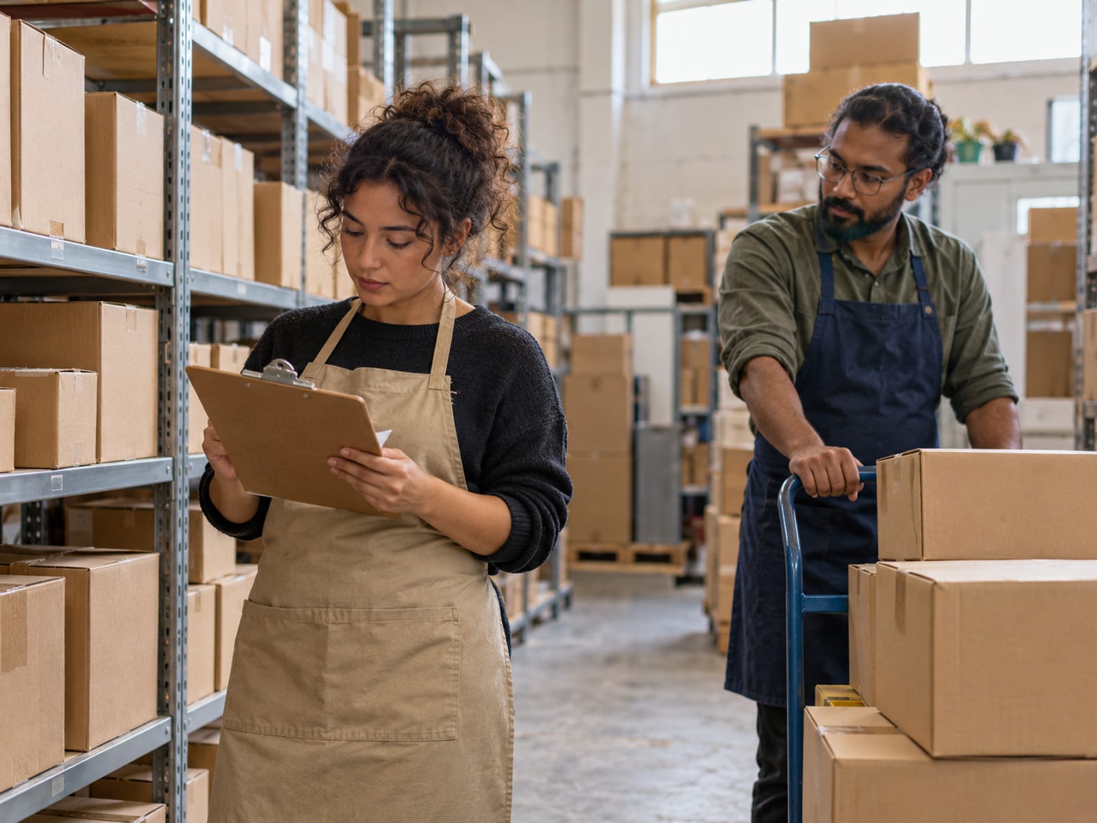 A stock room worker checking a clipboard beside shelves of plain boxes