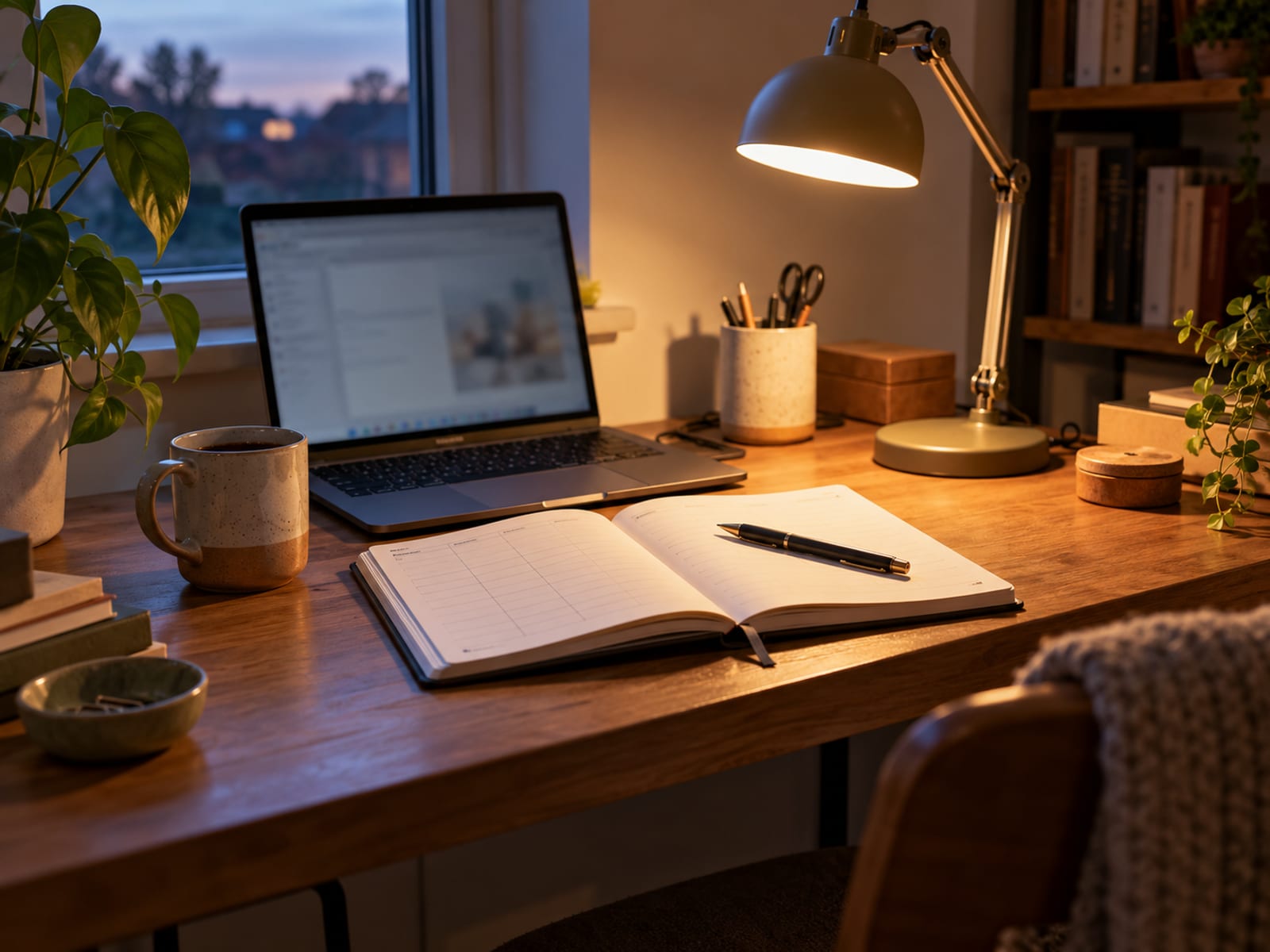 A laptop and a notebook on a home desk under a lamp in the evening