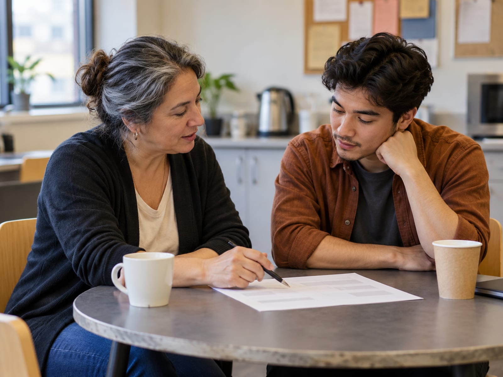 A supervisor and an employee reviewing a plan together in a break room