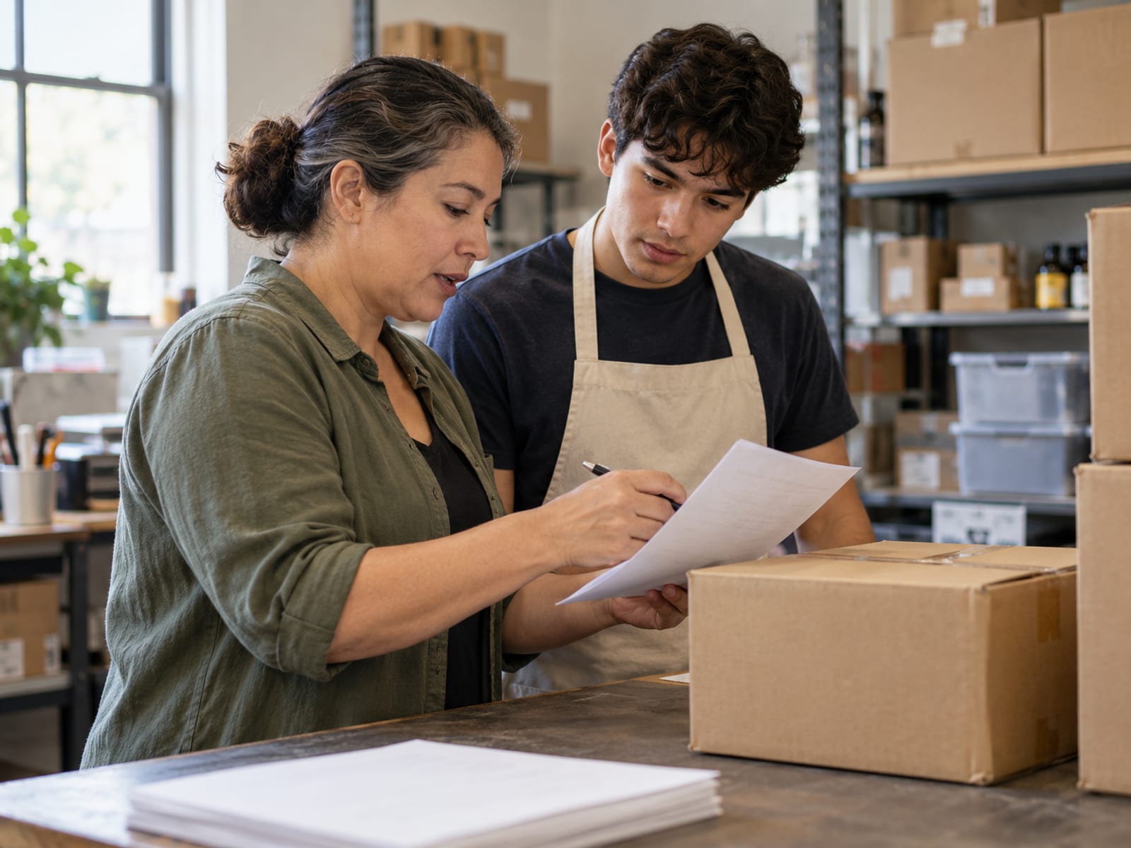 A retail worker watching an experienced colleague check an invoice