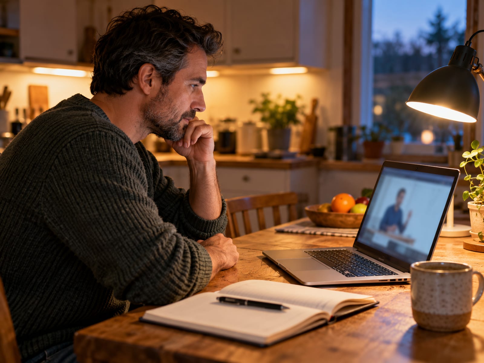 A man taking a short online course at his kitchen table in the evening