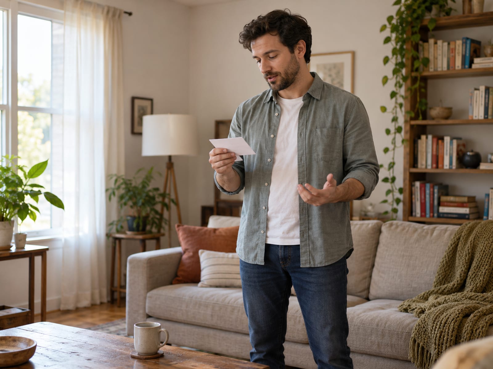 A man practicing a short talk out loud in his living room