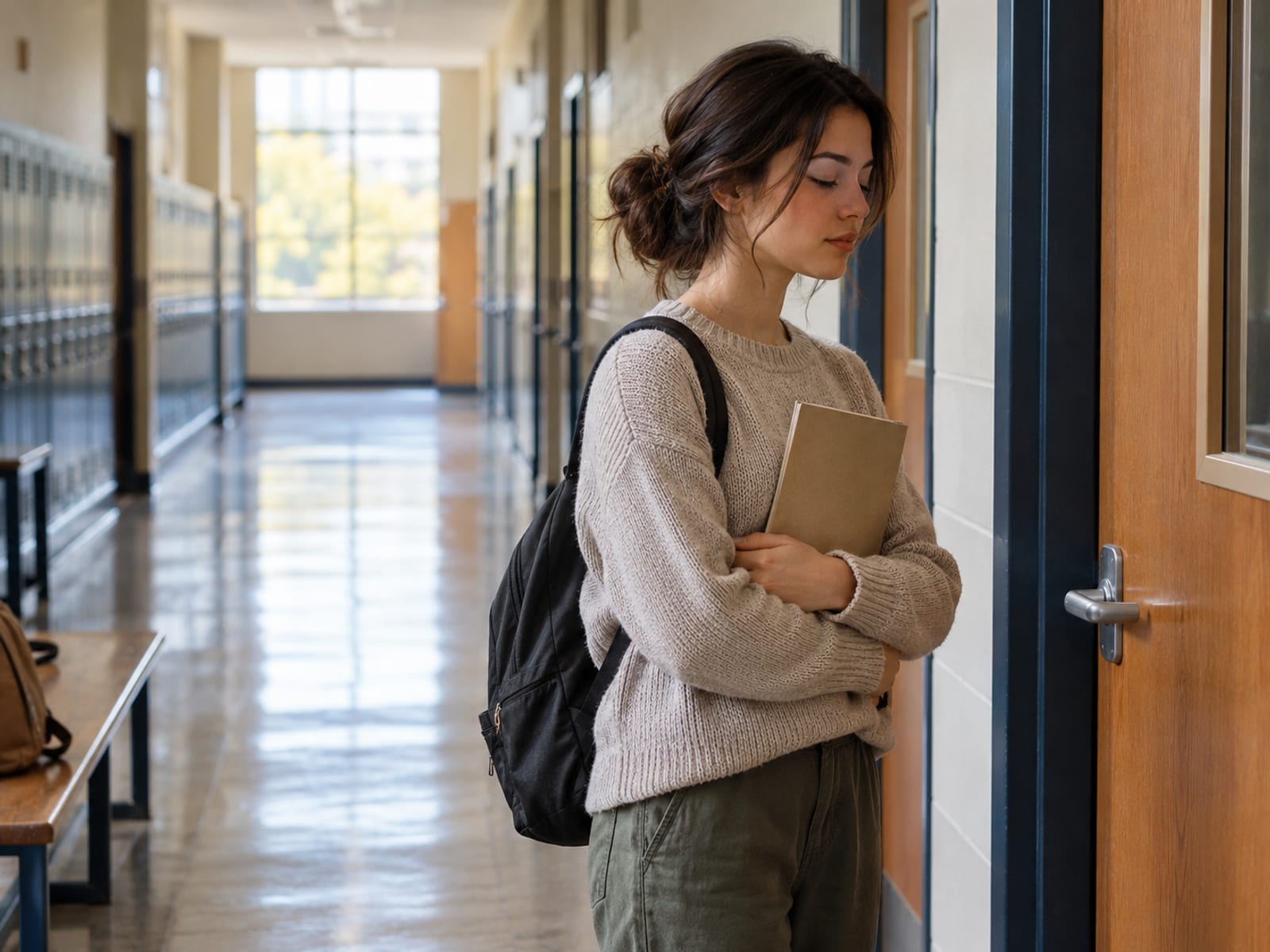 A young woman taking a slow breath before a presentation