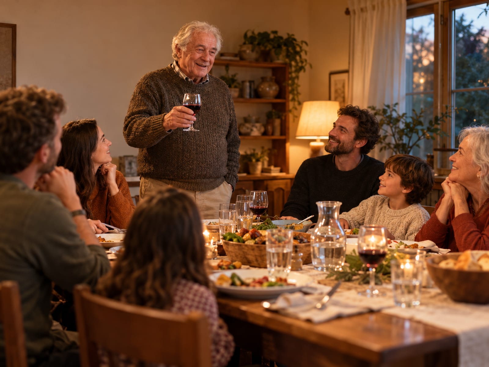 An older man giving a toast at a family dinner