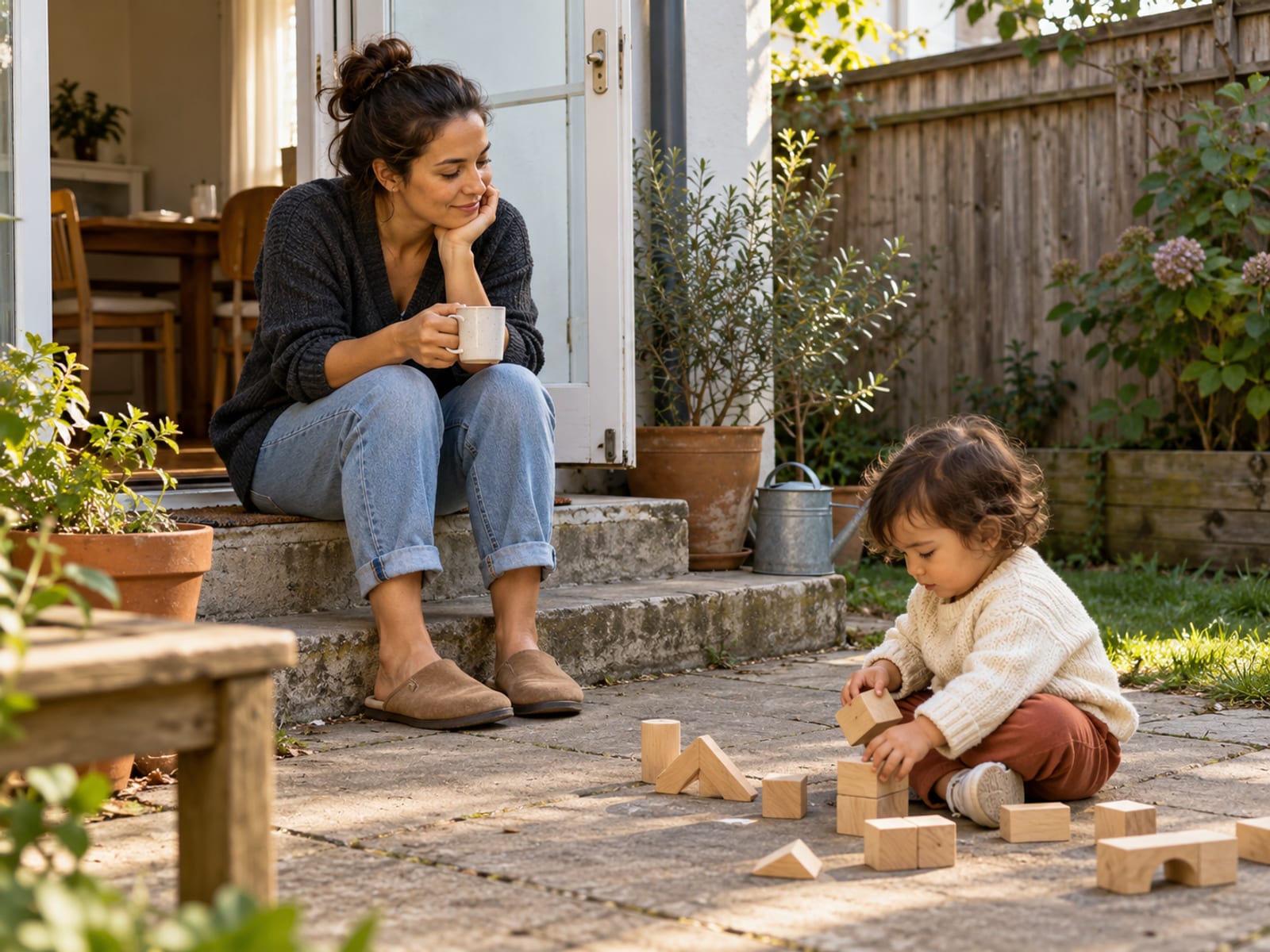 A mother taking five quiet minutes with tea while her toddler plays