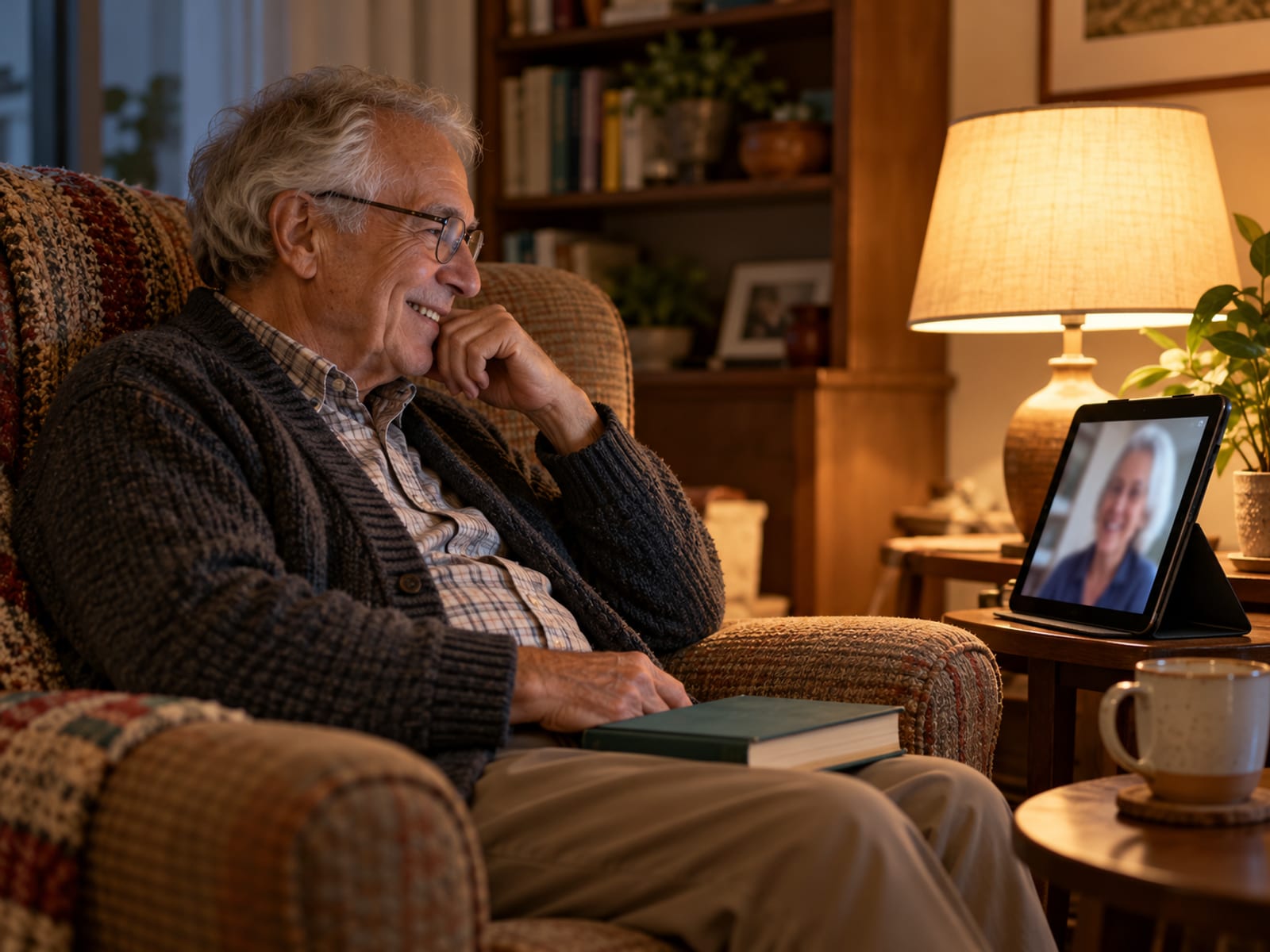 An older man smiling on a video call from his armchair