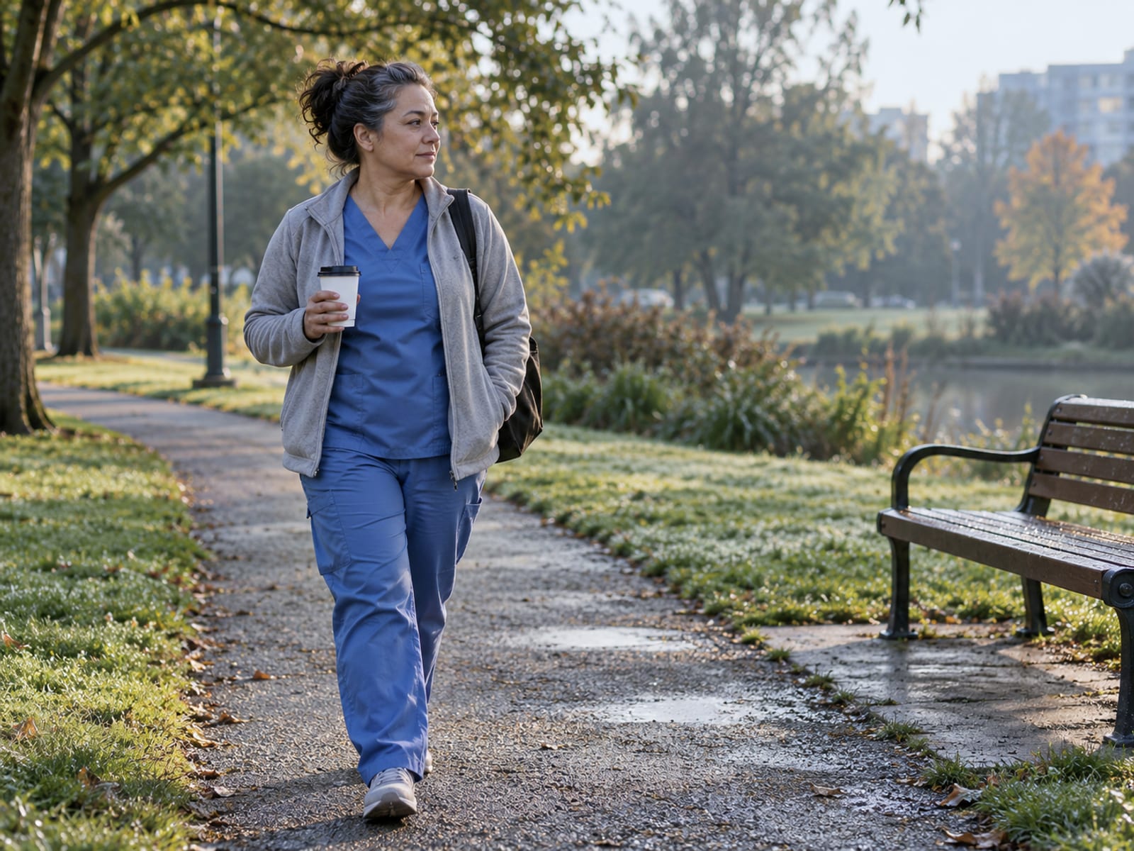 A nurse walking through a park after a night shift