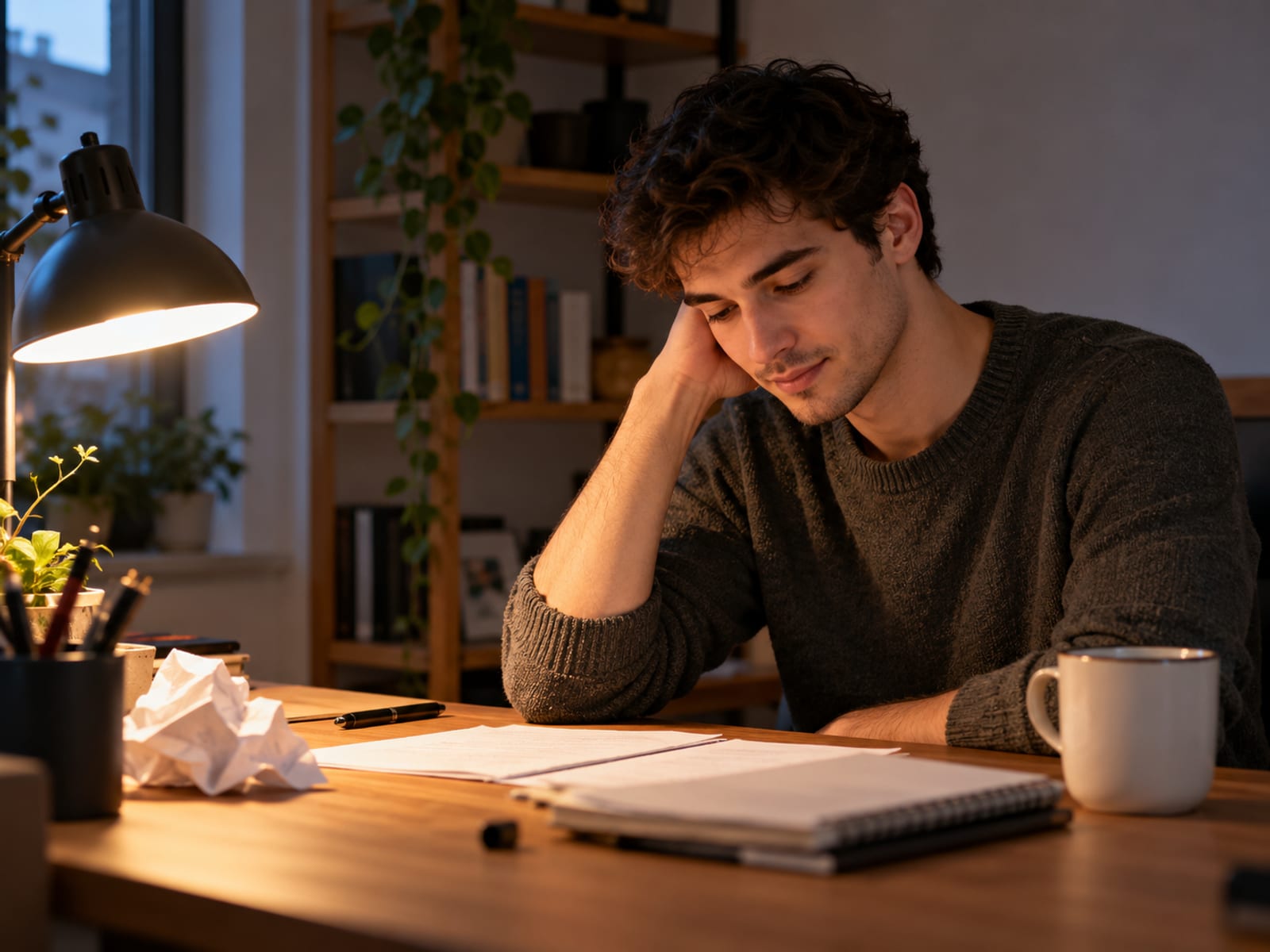 Un joven respirando hondo en su escritorio después de un error