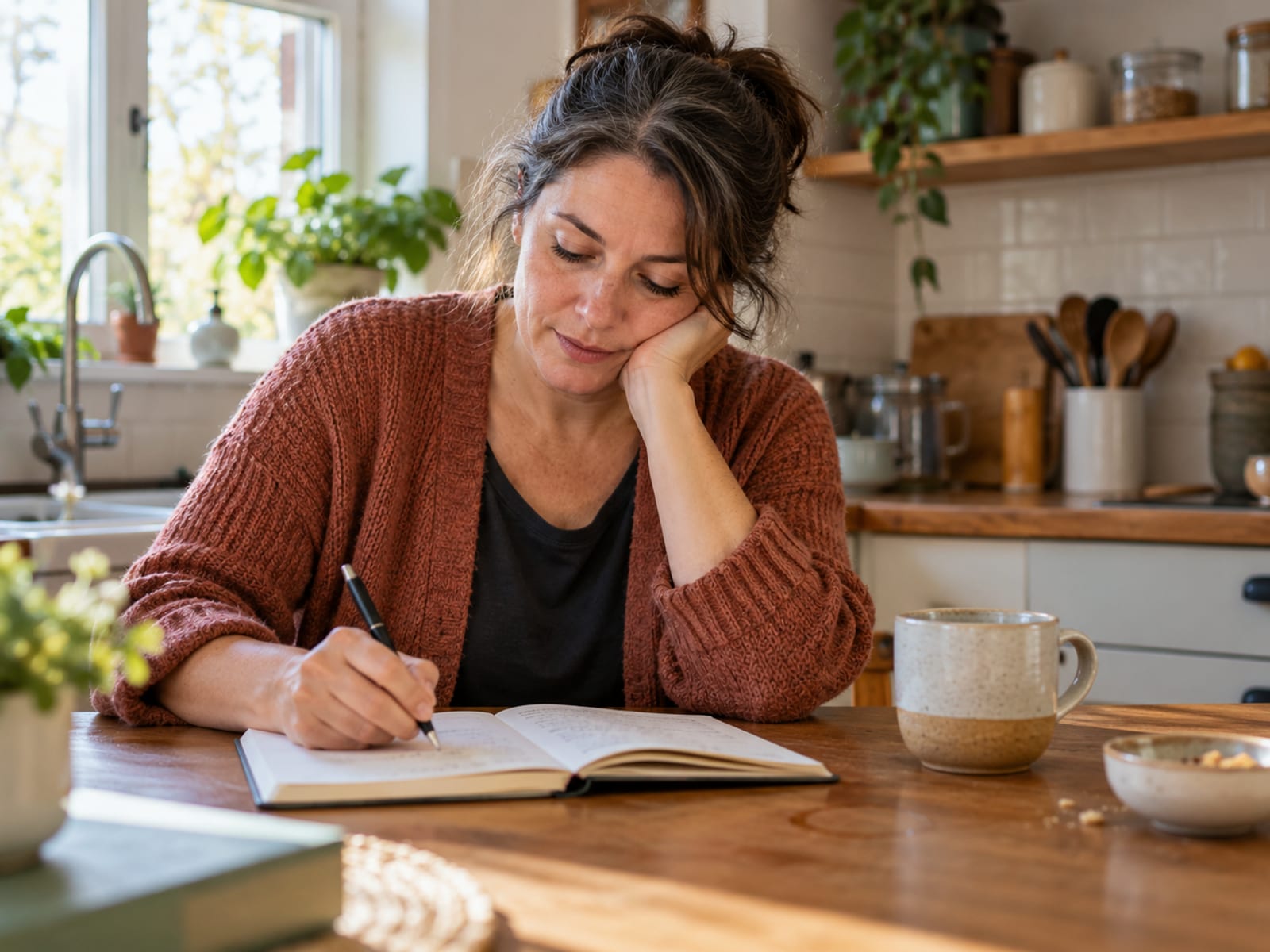 Una mujer escribiéndose con amabilidad en un cuaderno