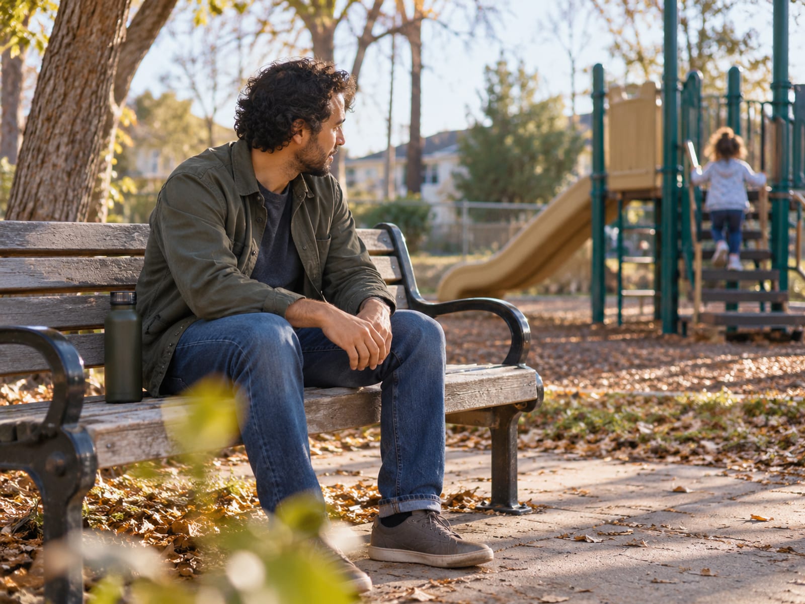 Un padre tomando un momento de calma en una banca del parque