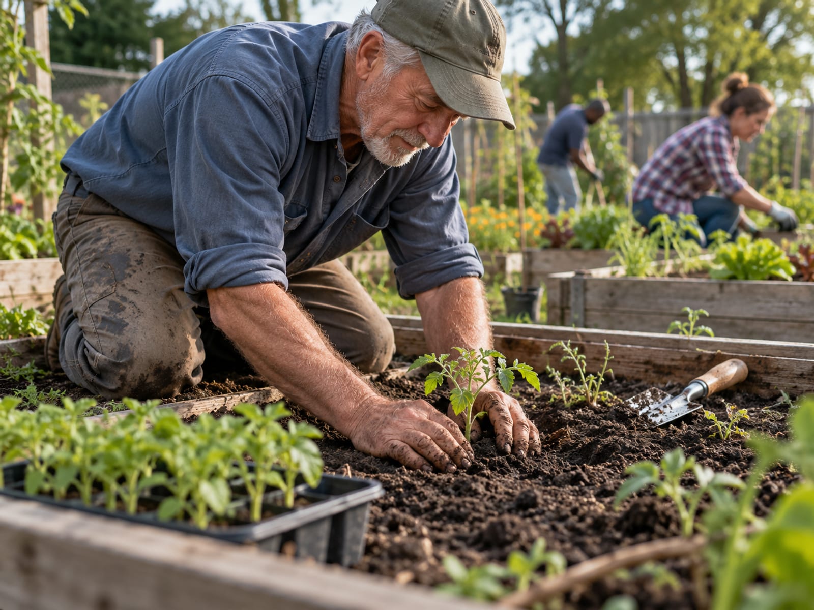 A man planting seedlings at a community garden plot