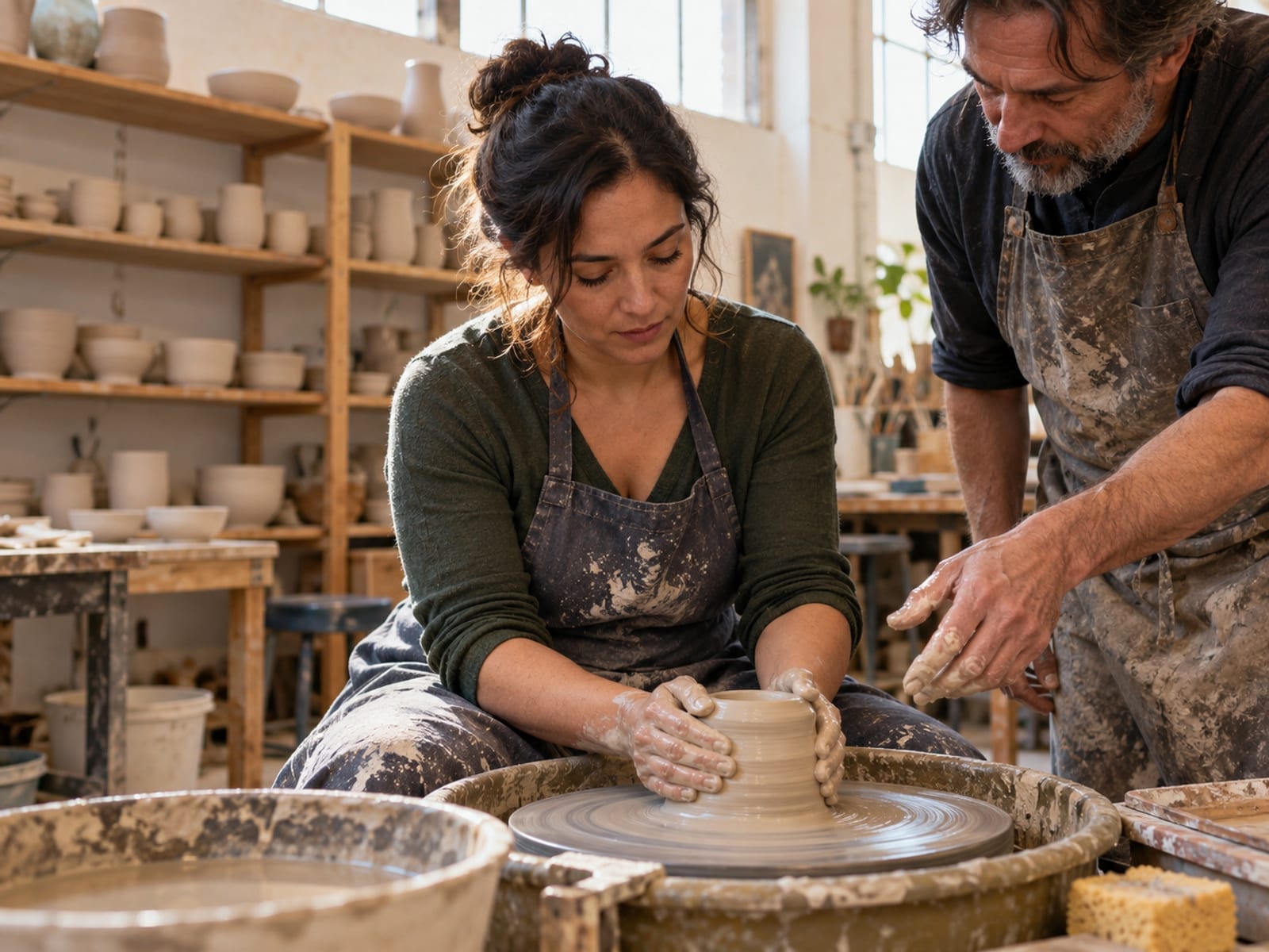 A woman shaping clay on a pottery wheel at a beginner class