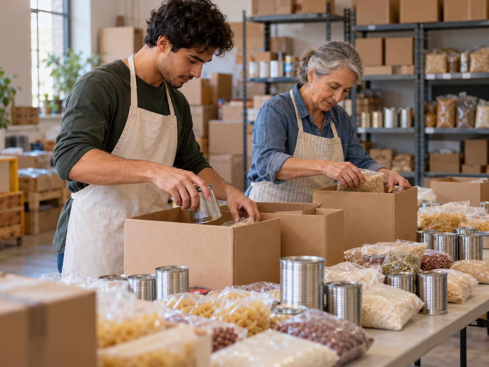 Two volunteers sorting donated food at a neighborhood food bank