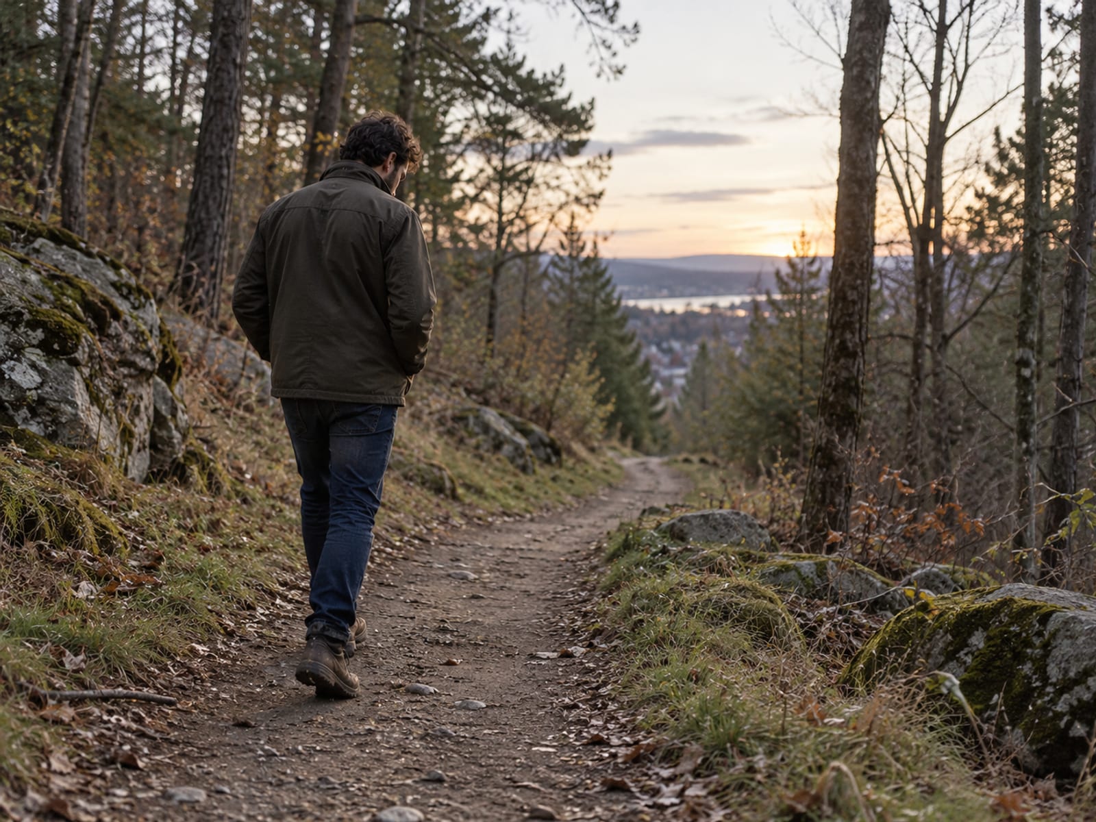 A man walking alone on a quiet trail at dusk