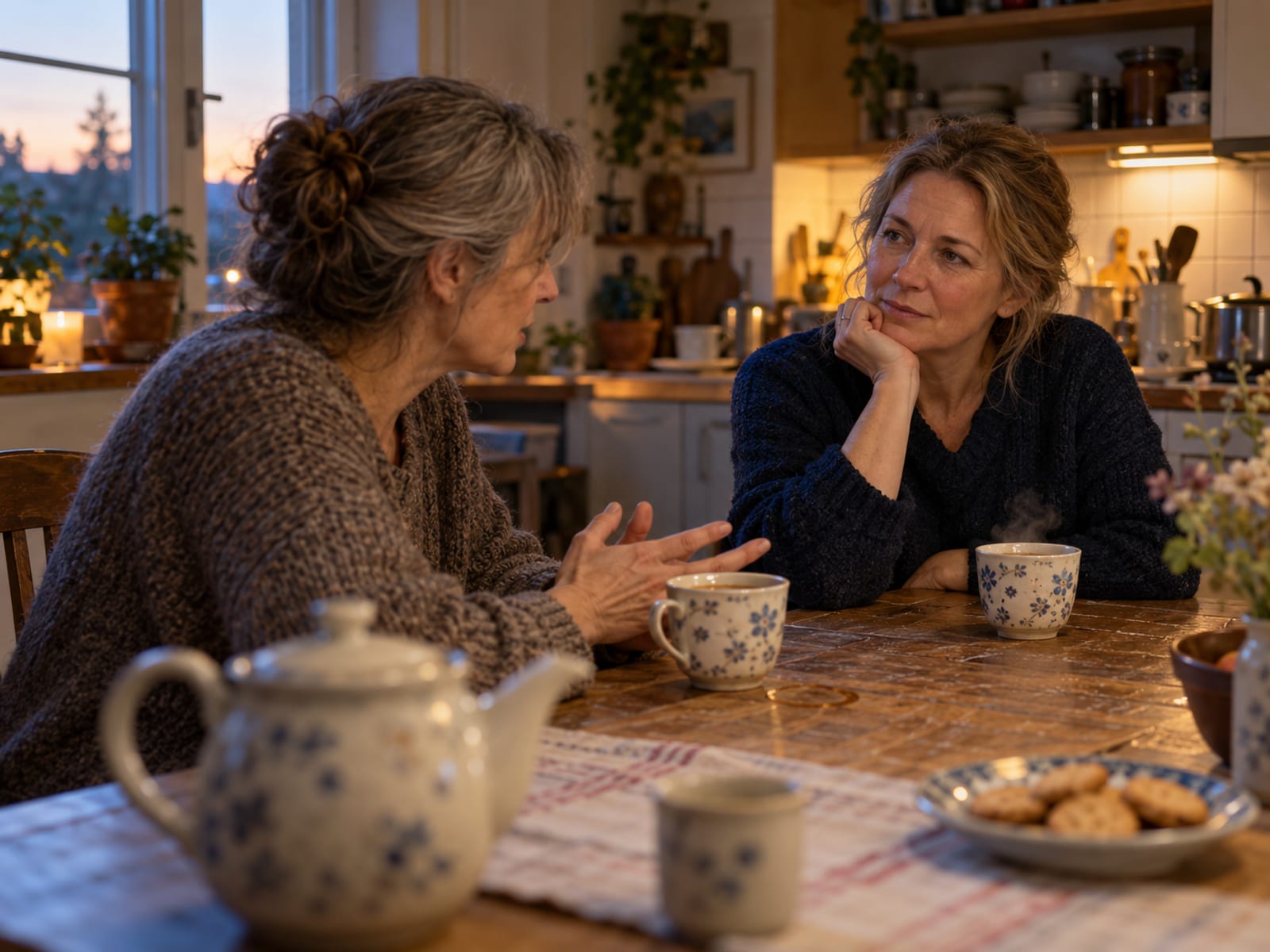 Two sisters talking things over at the kitchen table