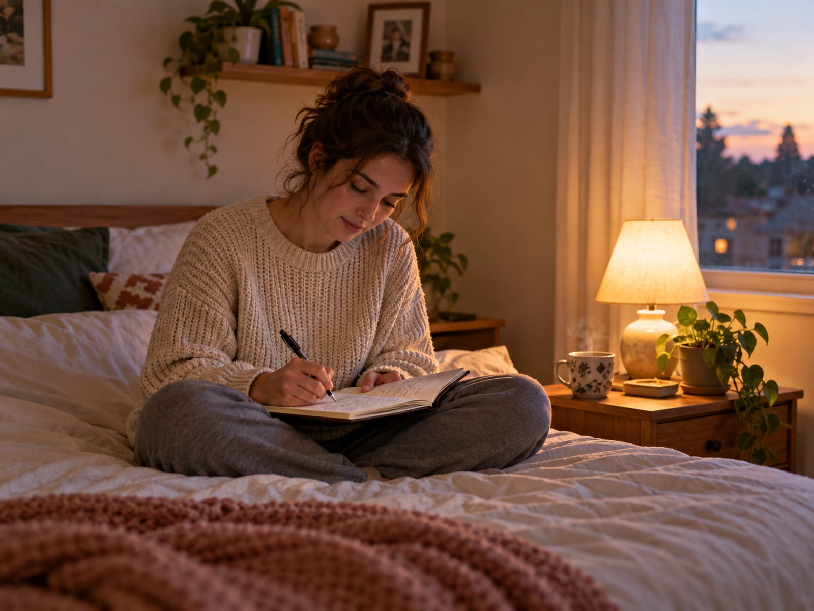 A young woman writing a short weekly review on a Sunday evening