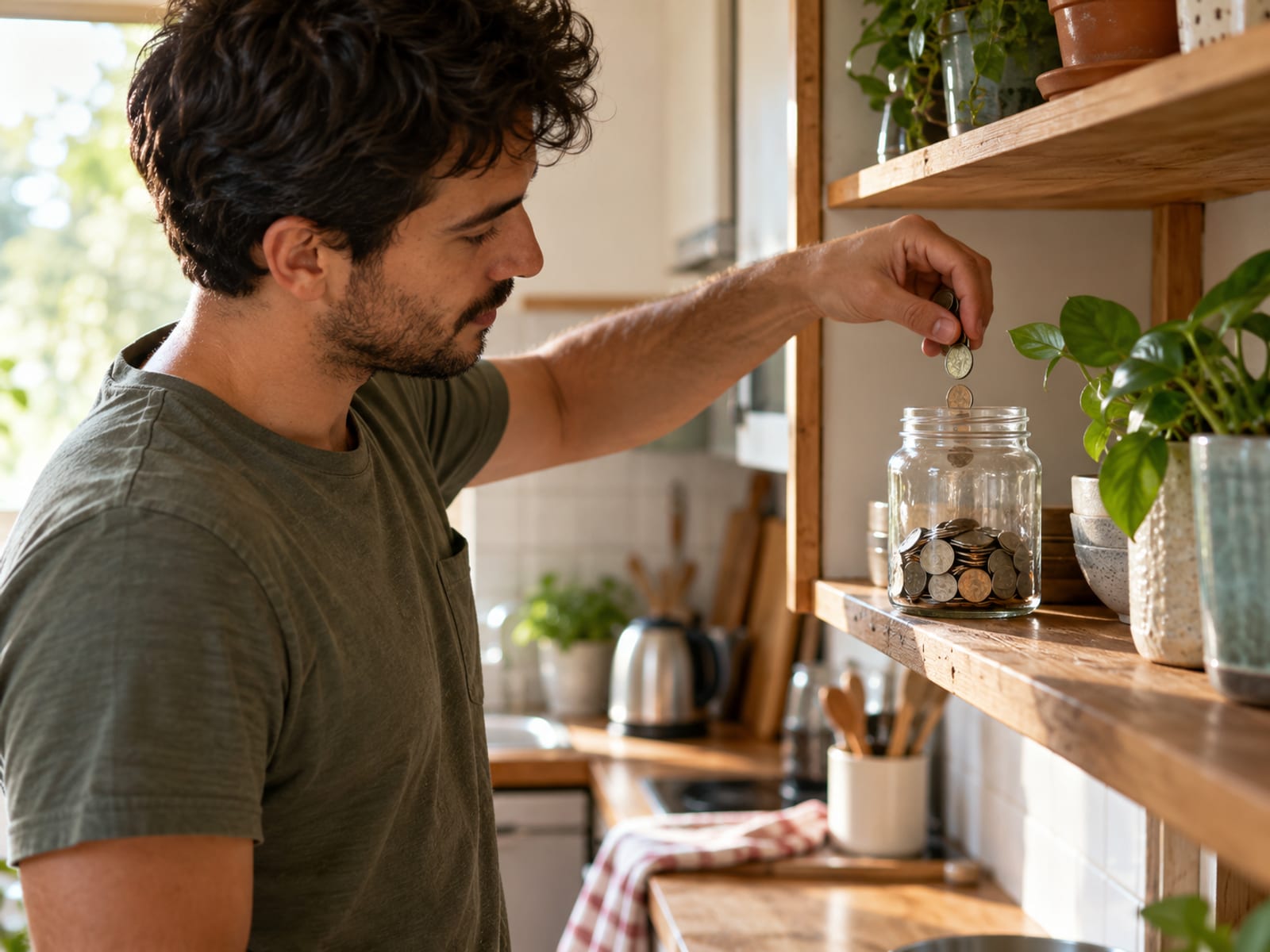 A man adding coins to a savings jar on the kitchen shelf