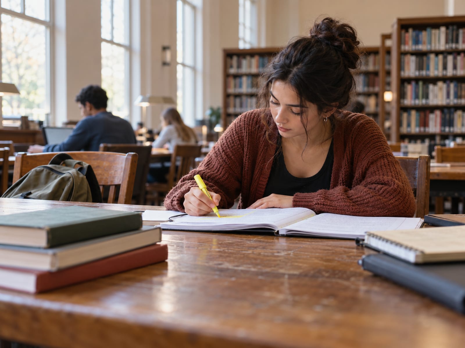 A college student reviewing notes in the library