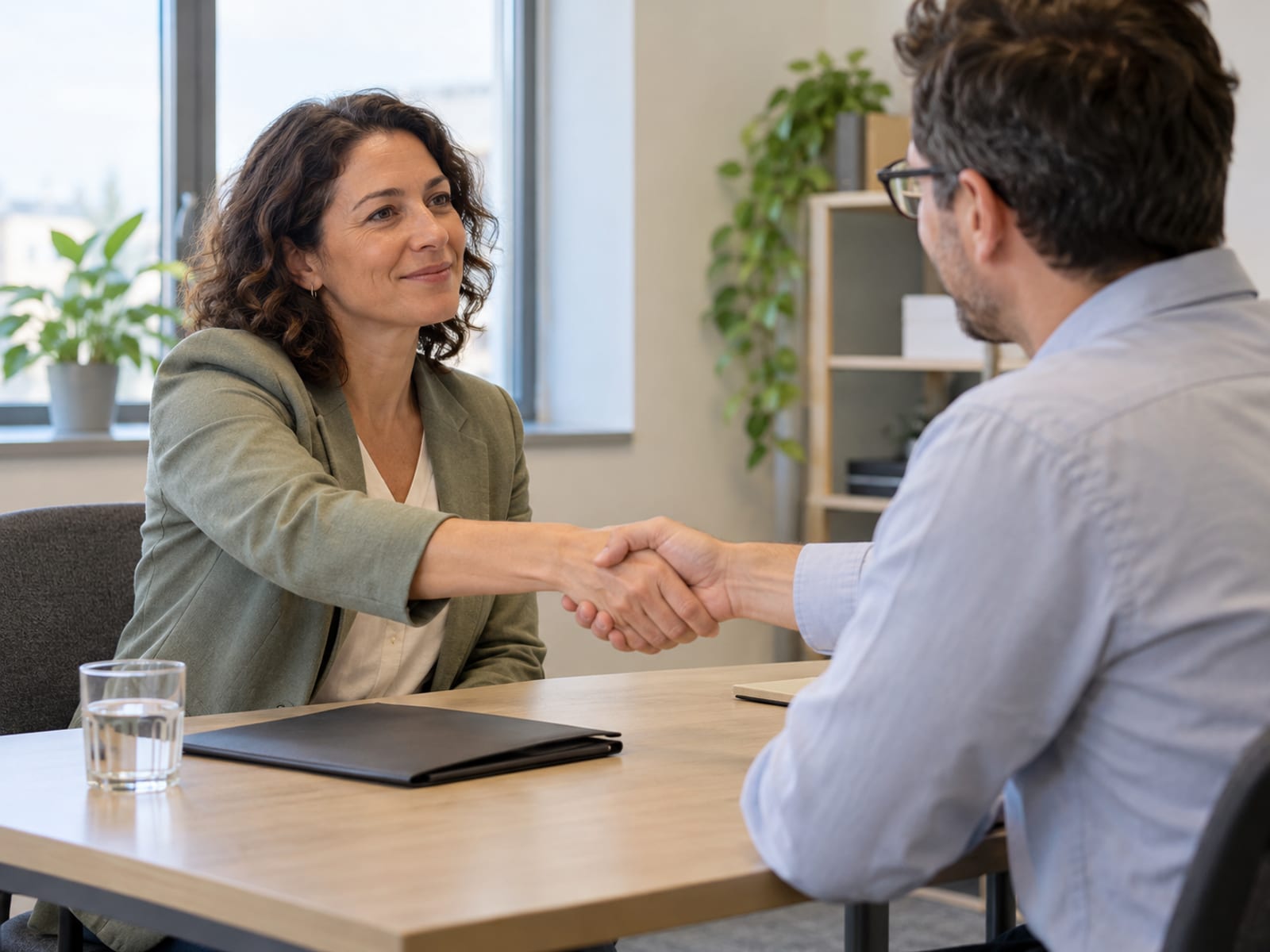 A woman greeting an interviewer at the start of a job interview