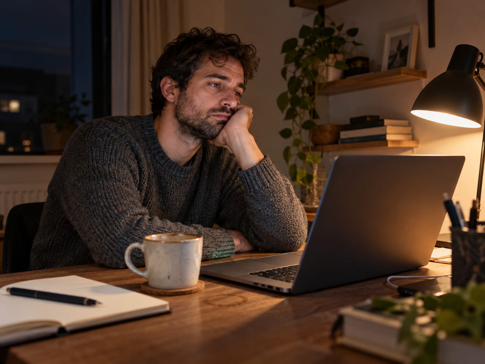 Un hombre con la mirada perdida frente a su laptop tarde por la noche