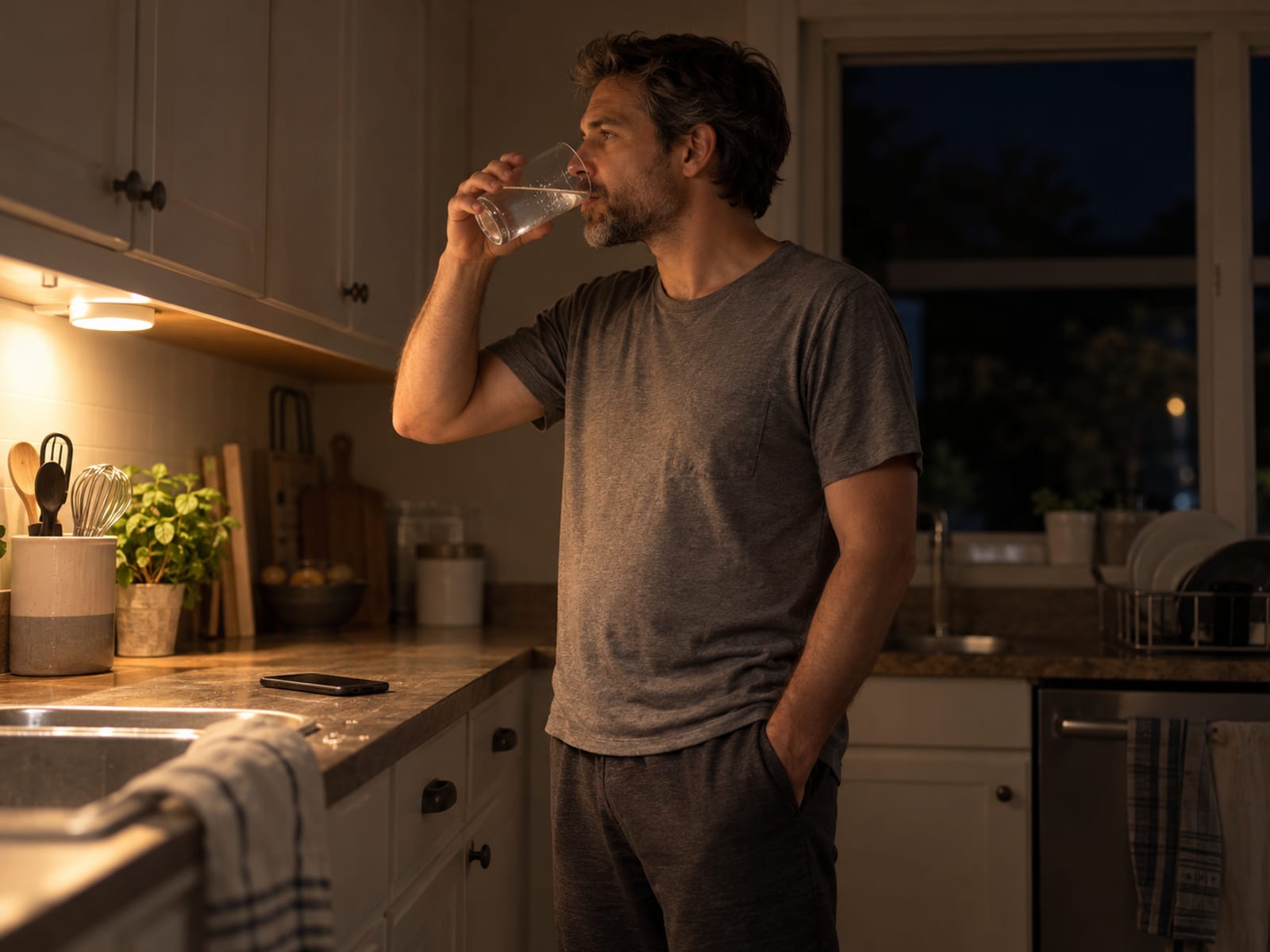 A man having a glass of water in a dim kitchen at night