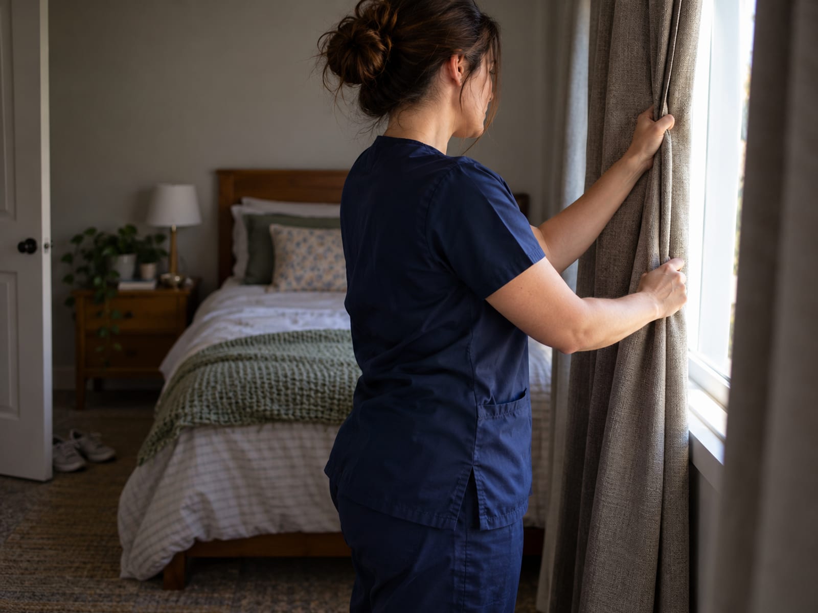 A nurse closing the curtains after a night shift