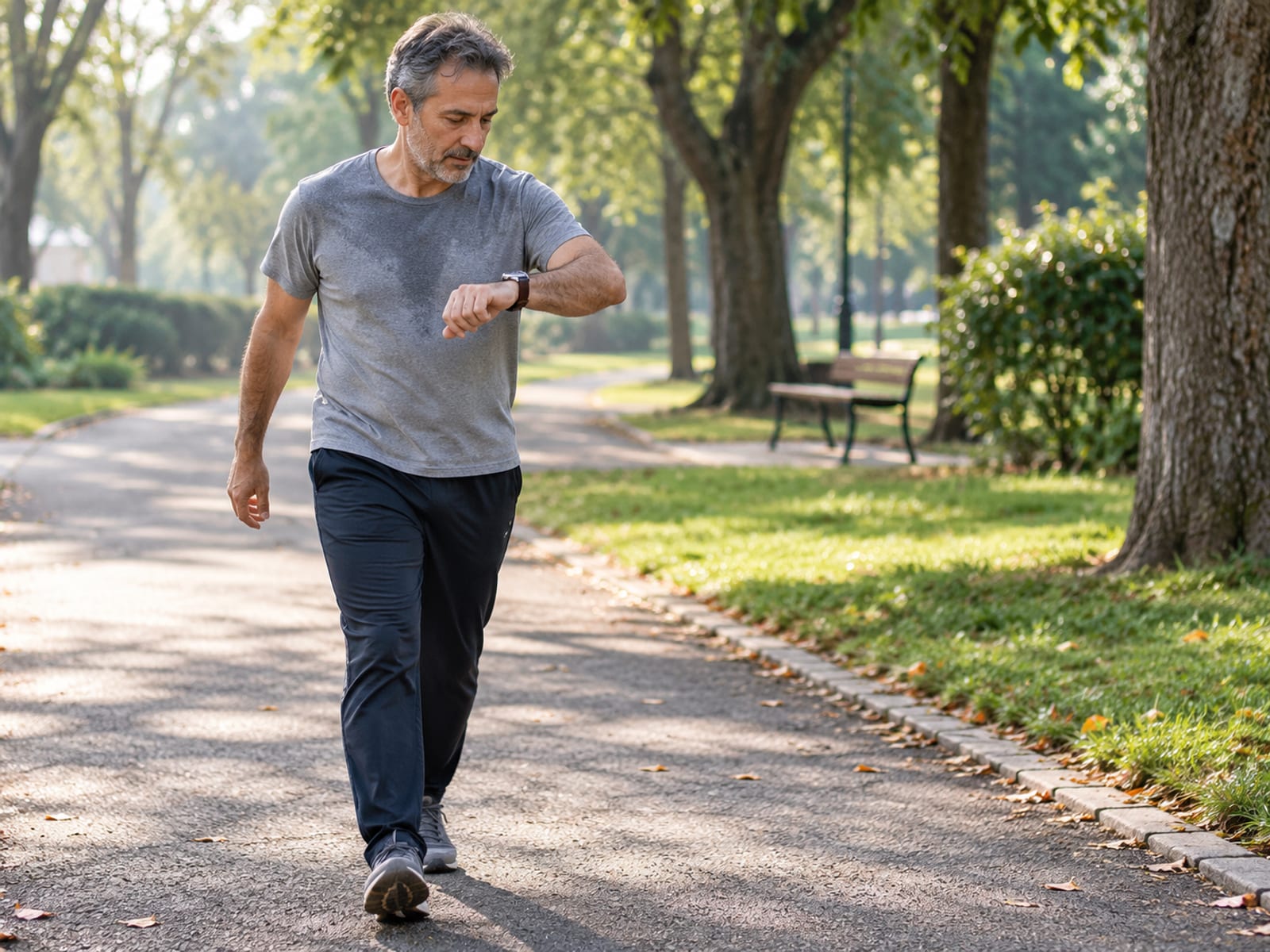 A man on a brisk morning walk in the park checking his watch