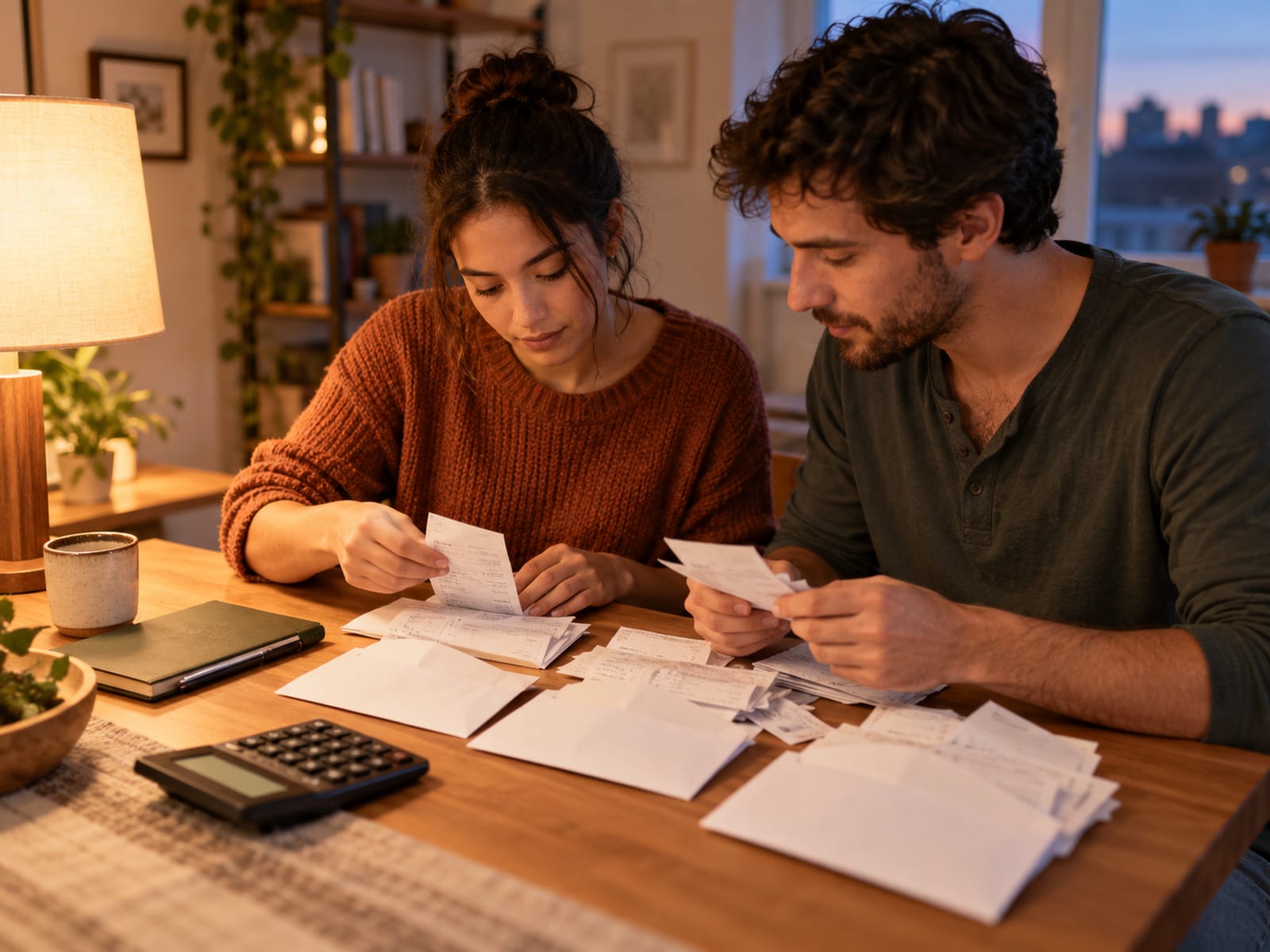 A young couple sorting receipts into envelopes with a calculator