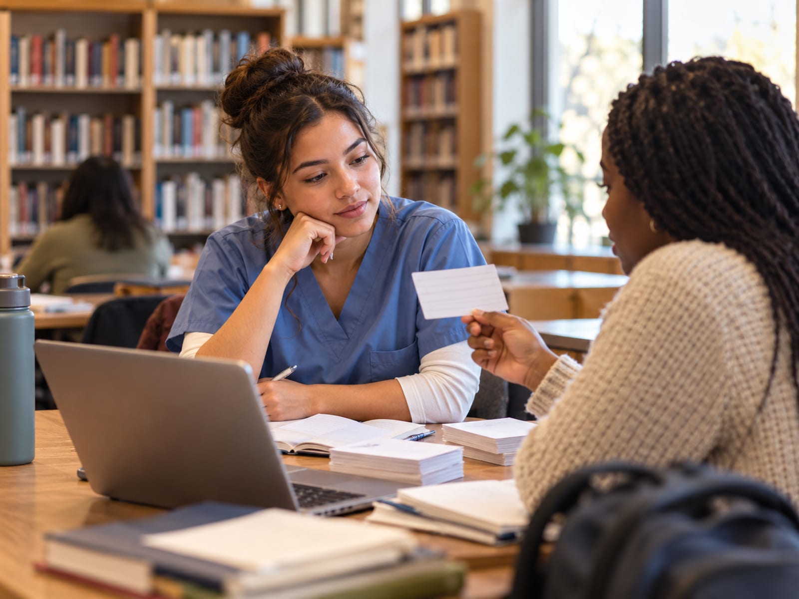 A student studying with flashcards while a classmate quizzes her