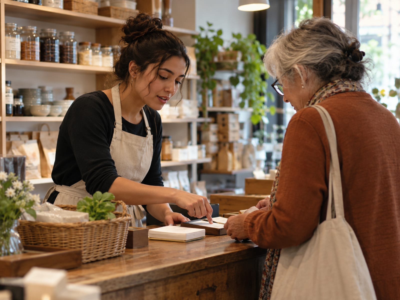 A store employee calmly helping an older customer at the counter