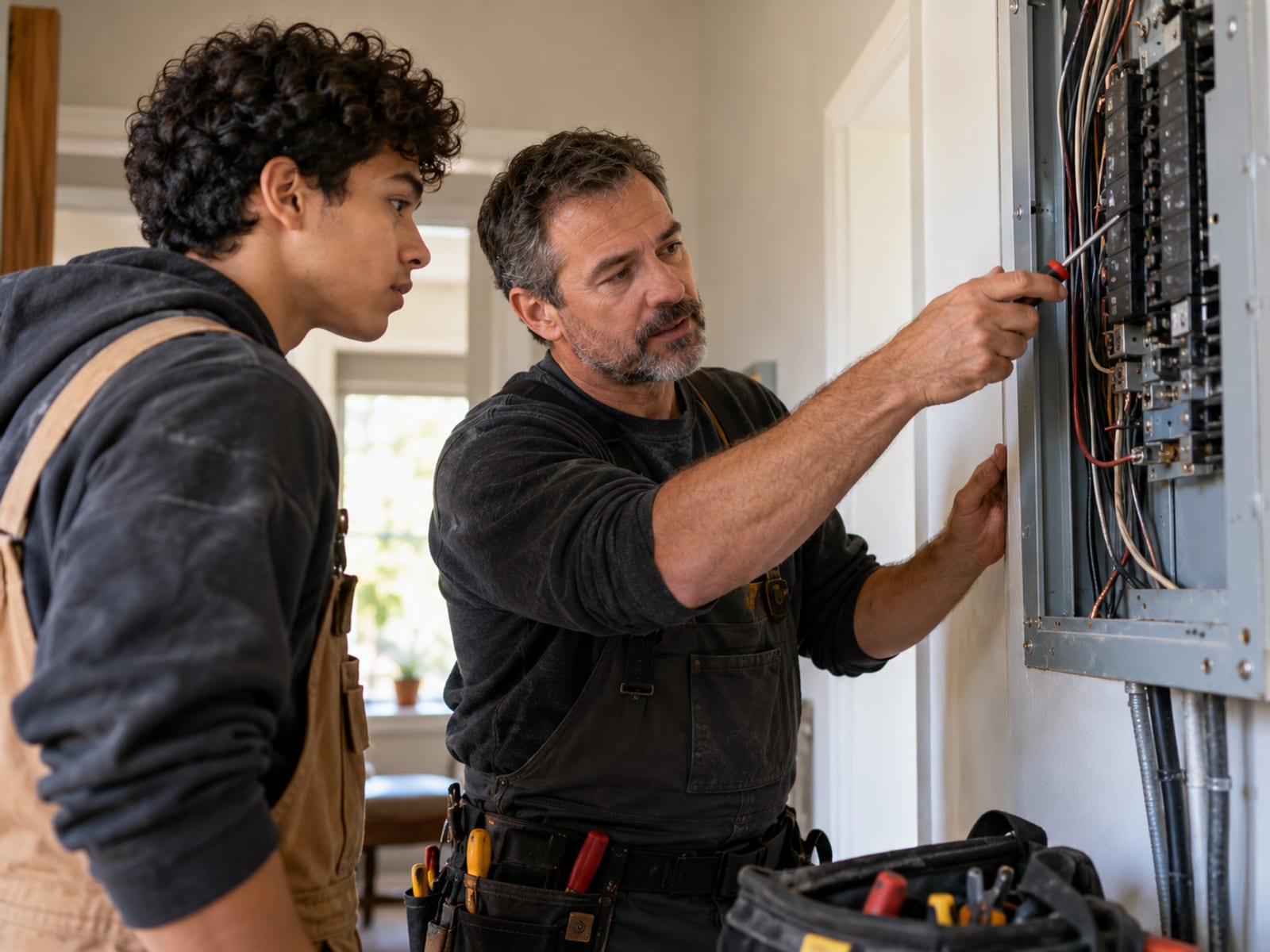 An electrician explaining a step to an apprentice on the job