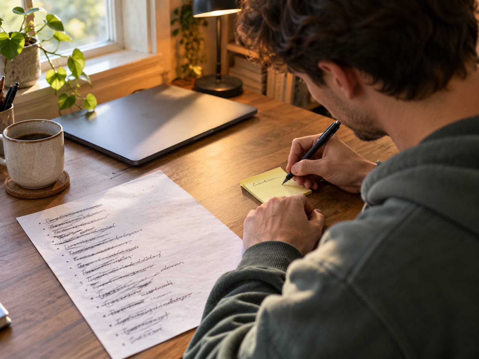 A man writing one short next step on a sticky note at his desk