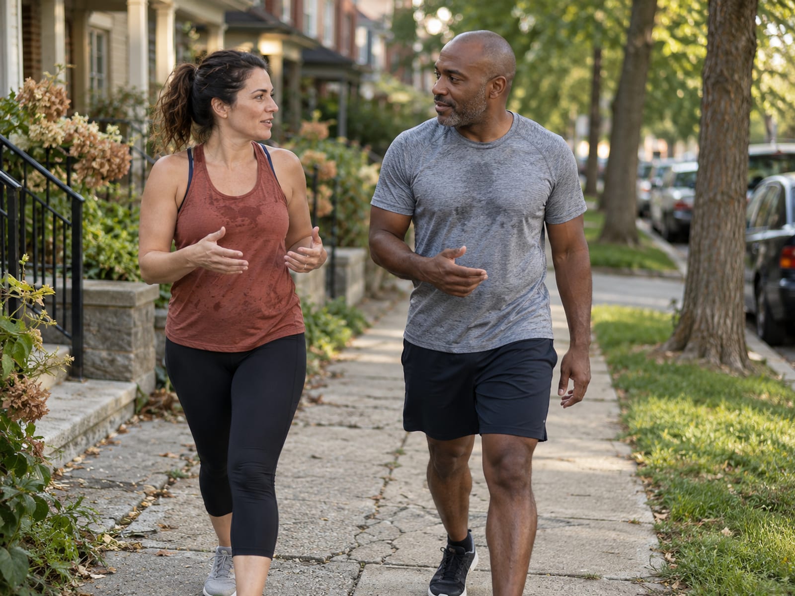 Two friends walking together in workout clothes in the evening