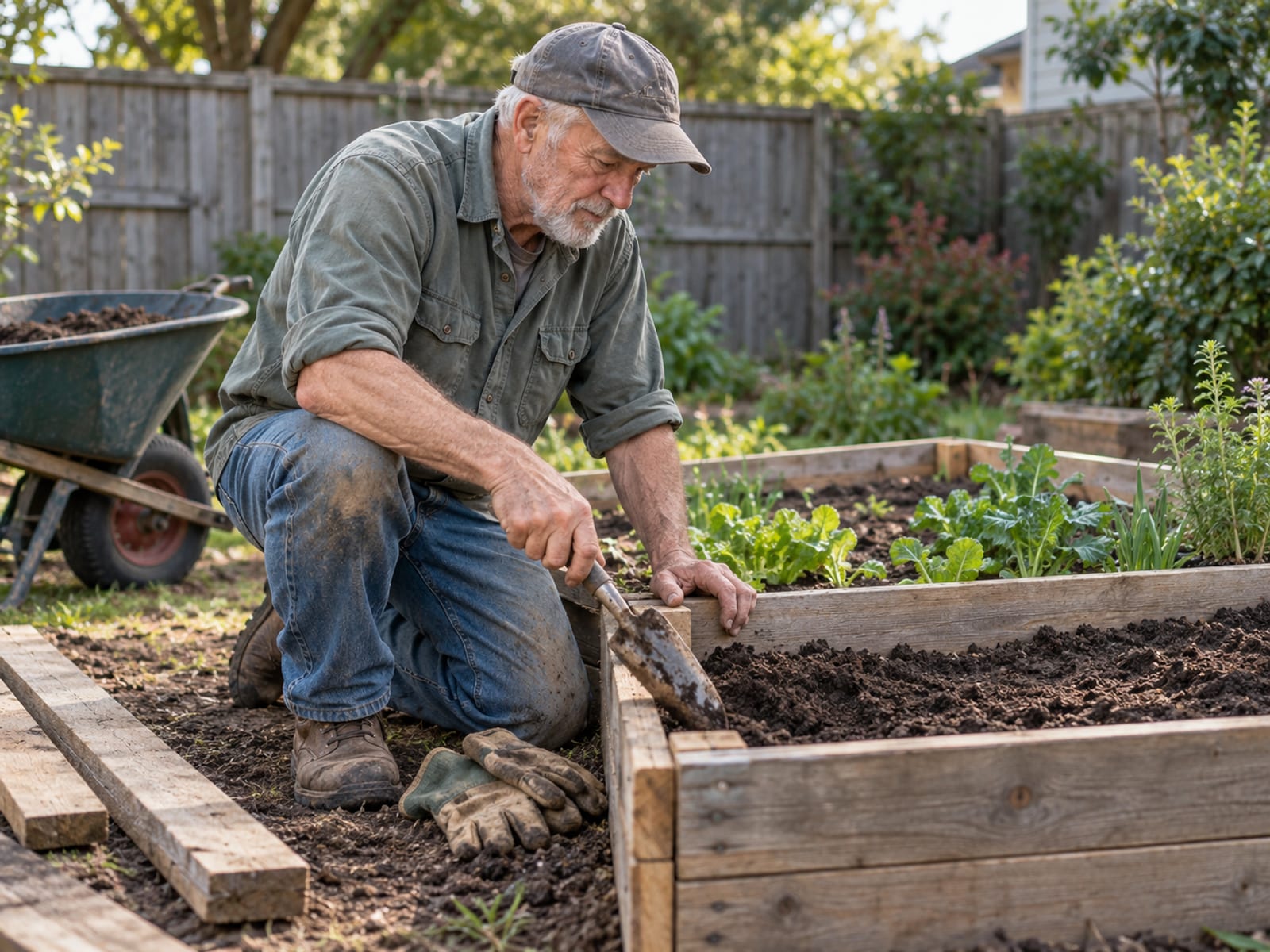 An older man picking up his trowel again beside a half-finished garden bed